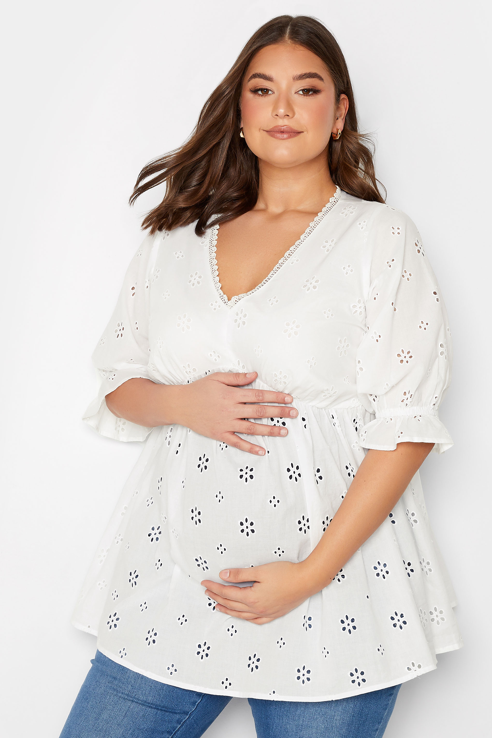 BUMP IT UP MATERNITY Plus Size White Broderie Anglaise Blouse | Yours Clothing 2