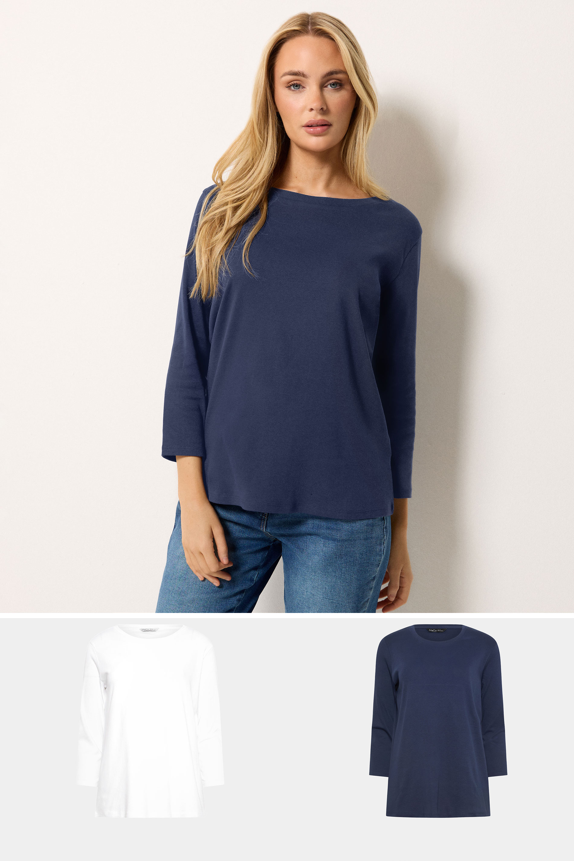 M&Co 2 PACK Navy Blue & White Cotton Tops | M&Co  1