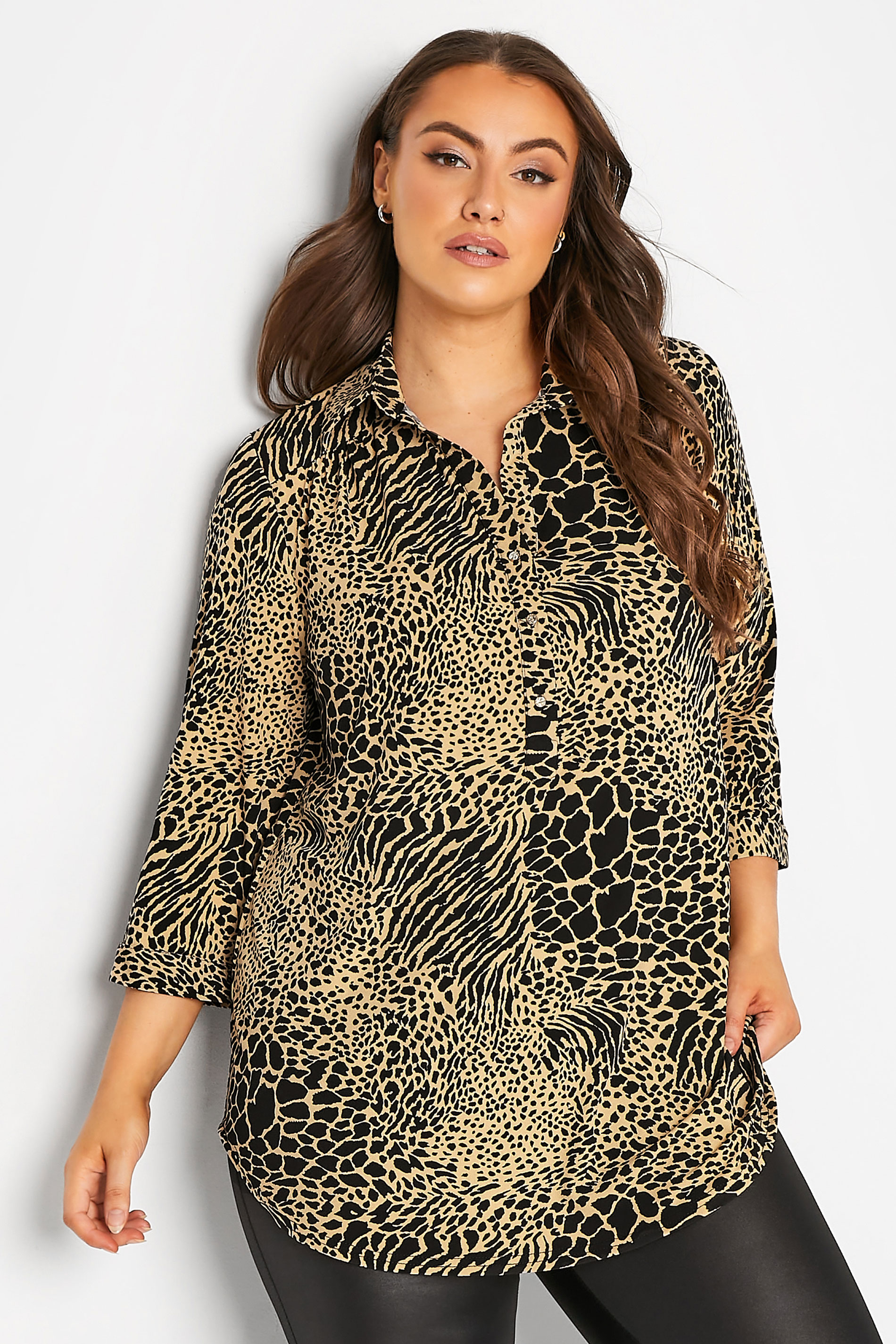 Plus Size Black & Beige Brown Animal Print Blouse | Yours Clothing 1