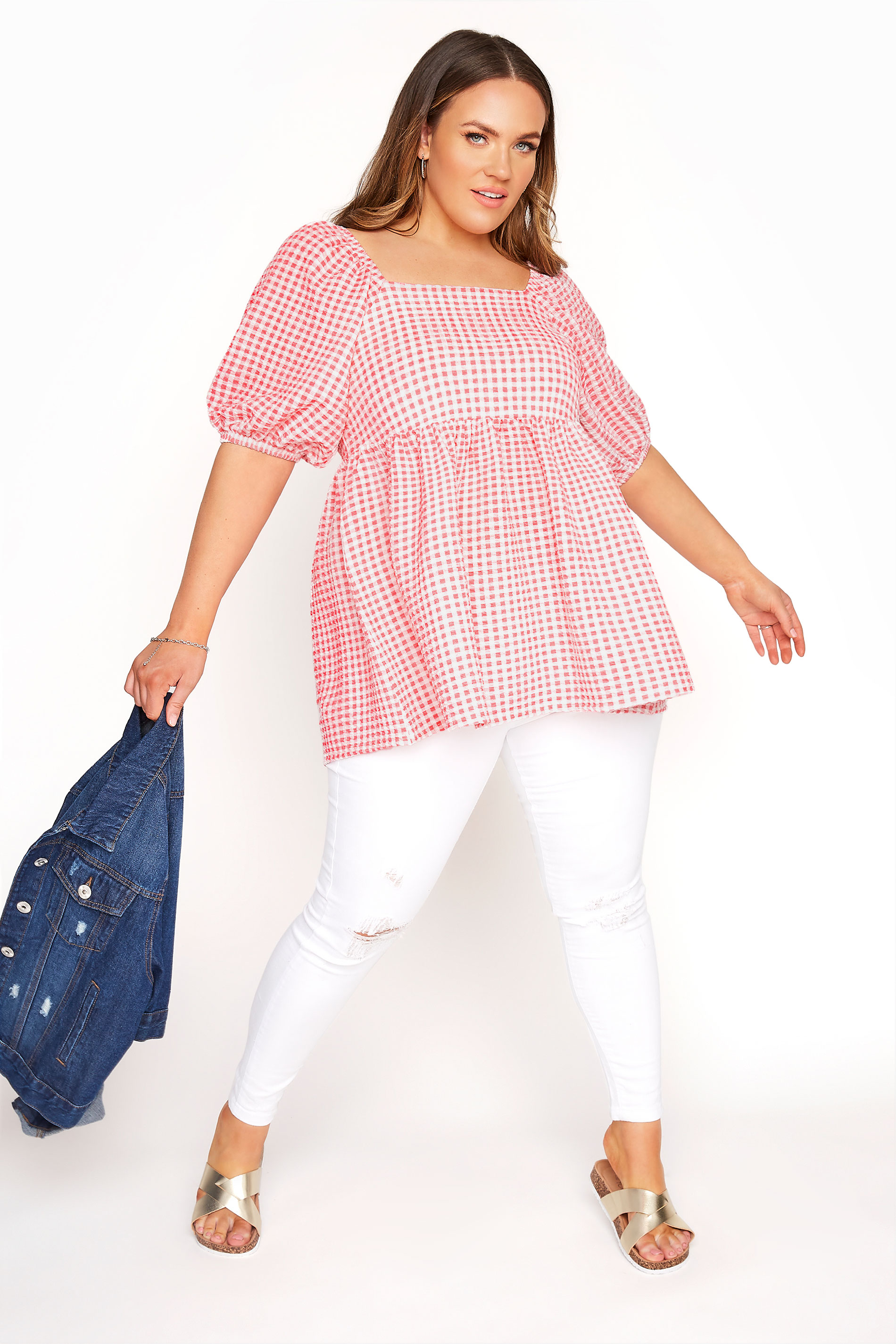 Grande taille  Tops Grande taille  Tops Casual | LIMITED COLLECTION - Top Corail à Carreaux Manches Bouffantes - OE99983
