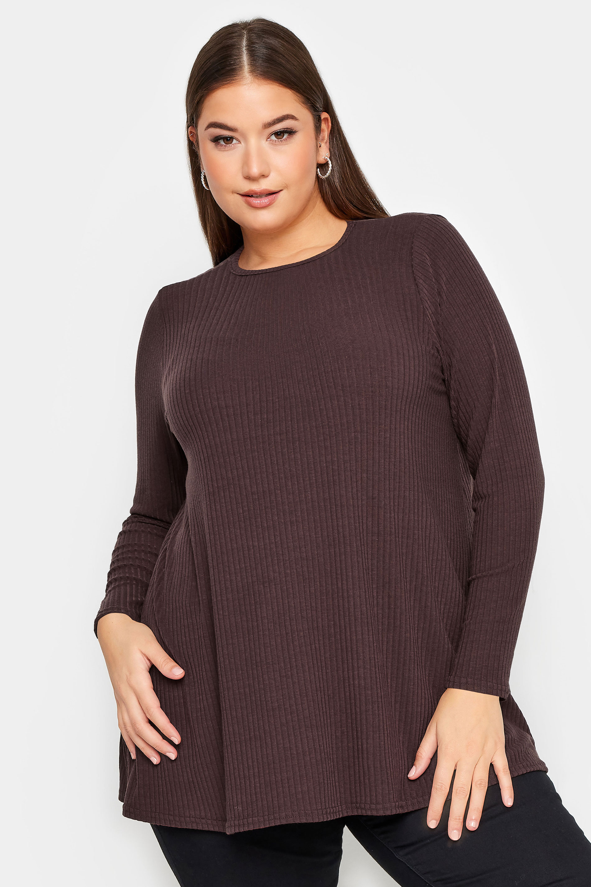 YOURS Plus Size Chocolate Brown Long Sleeve Ribbed Swing Top | Yours Clothing 1
