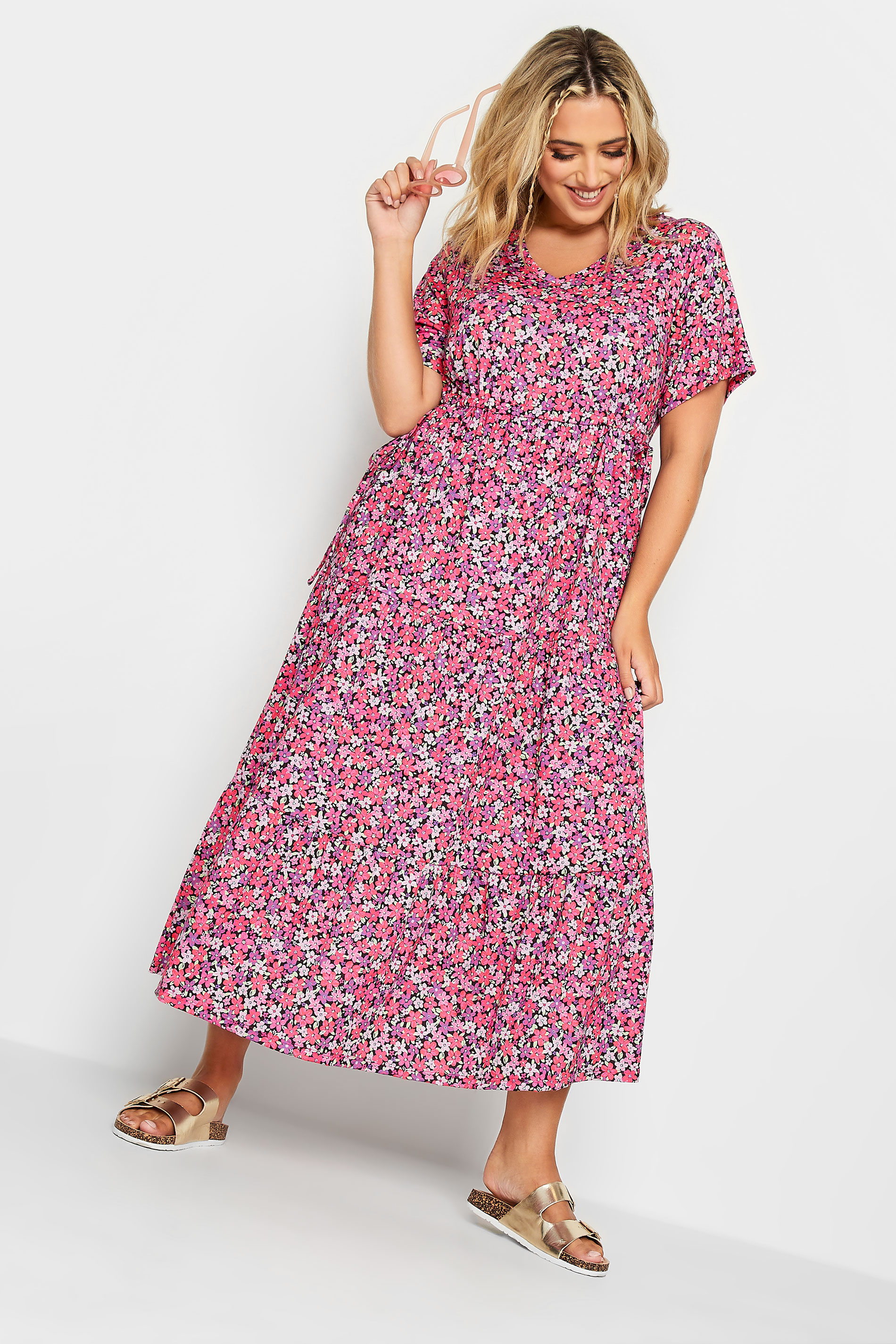 LIMITED COLLECTION Curve Plus Size Pink Floral Ditsy Adjustable Waist Maxi Dress | Yours Clothing 1