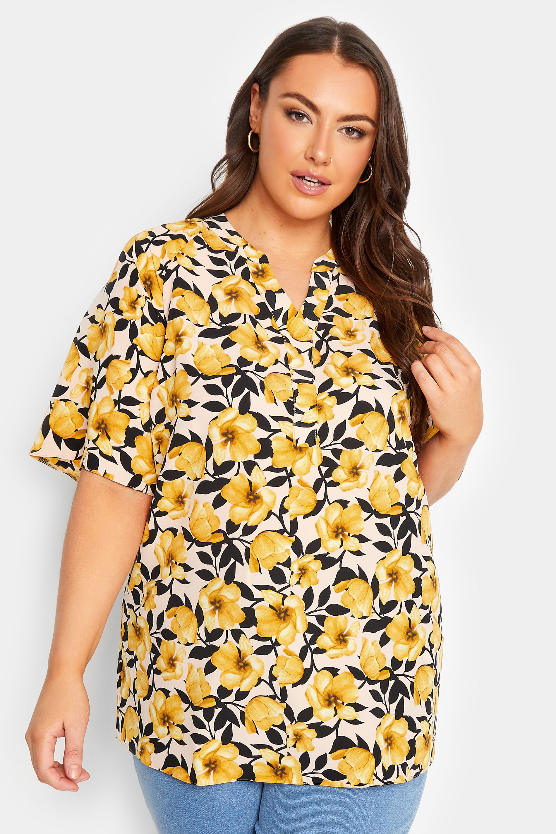 YOURS Plus Size Yellow Floral Print V-Neck Blouse | Yours Clothing 1
