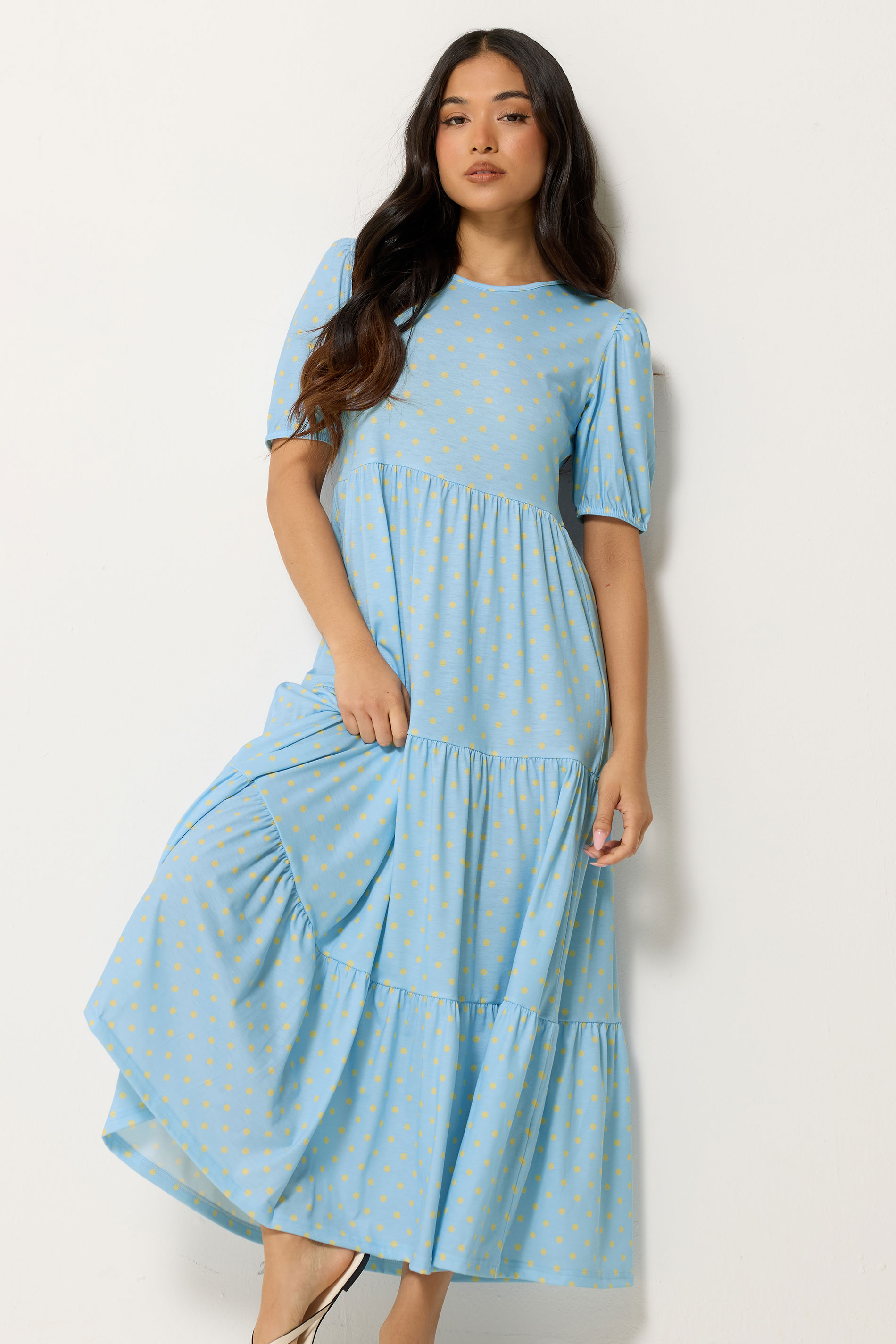 PixieGirl Petite Women's Light Blue Polka Dot Tiered Maxi Dress | PixieGirl 3