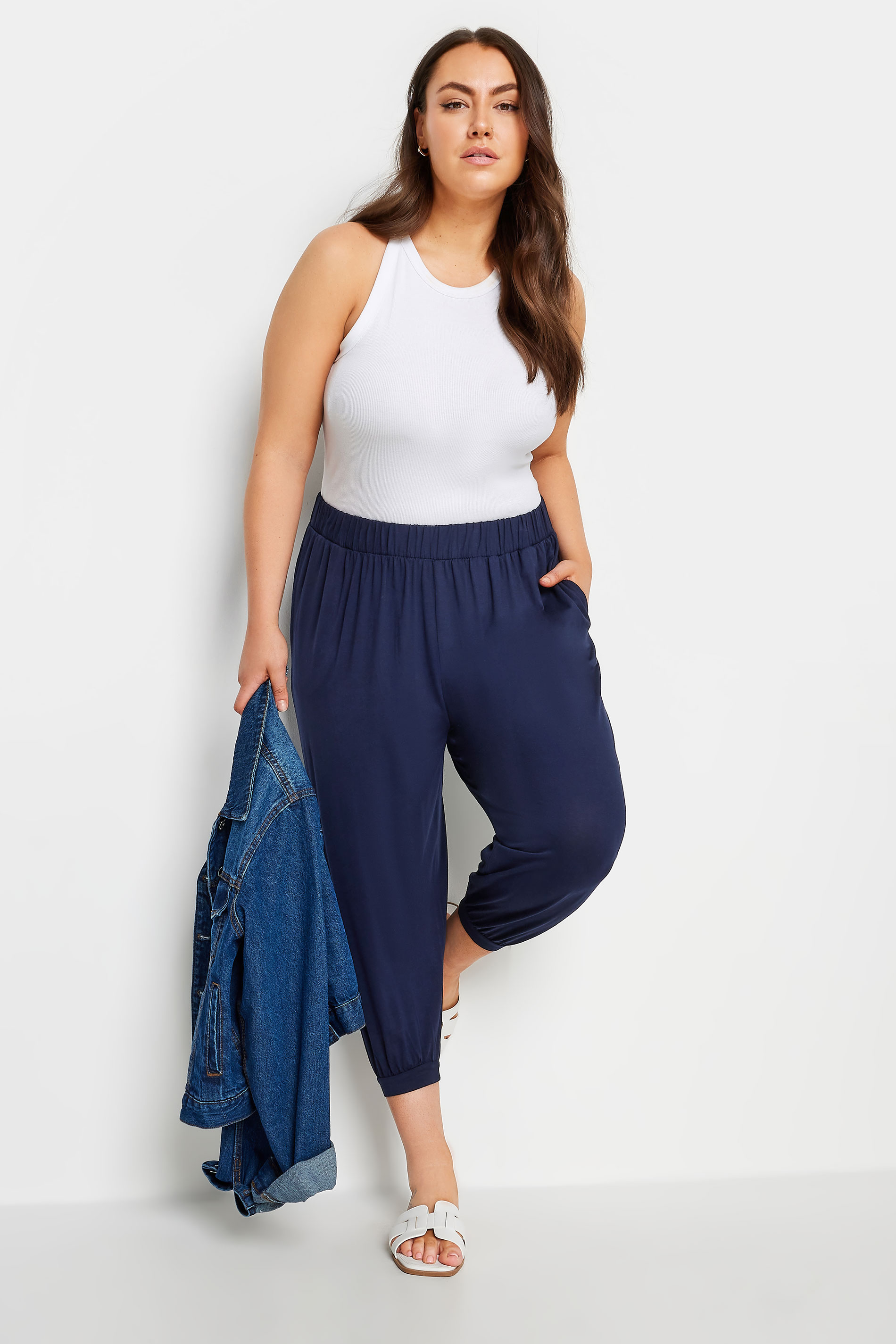 YOURS Curve Navy Blue Plus Size Navy Cropped Jersey Joggers | Yours Clothing 2