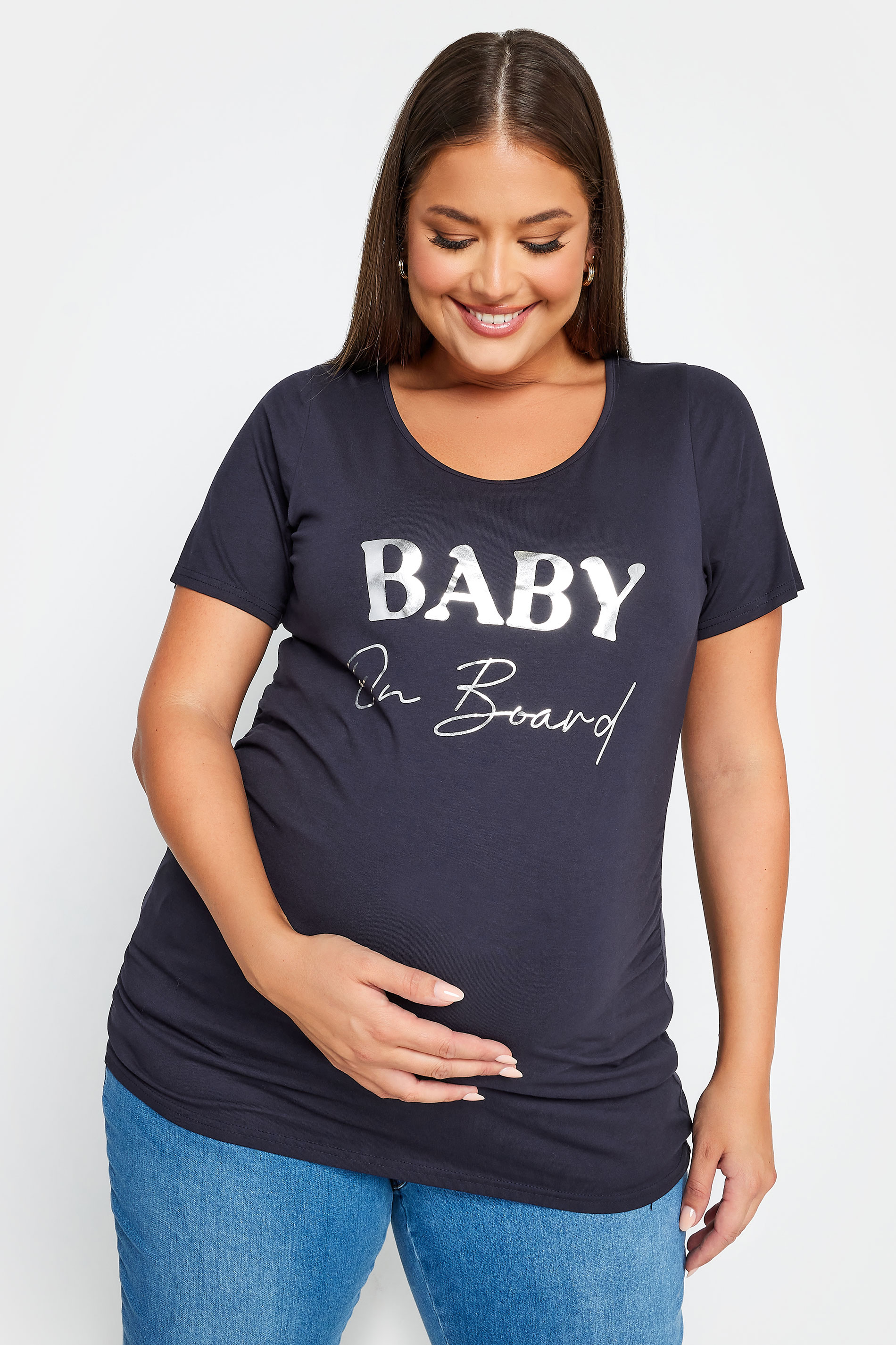 BUMP IT UP MATERNITY Plus Size Navy Blue 'Baby On Board' Slogan T-shirt | Yours Clothing 2