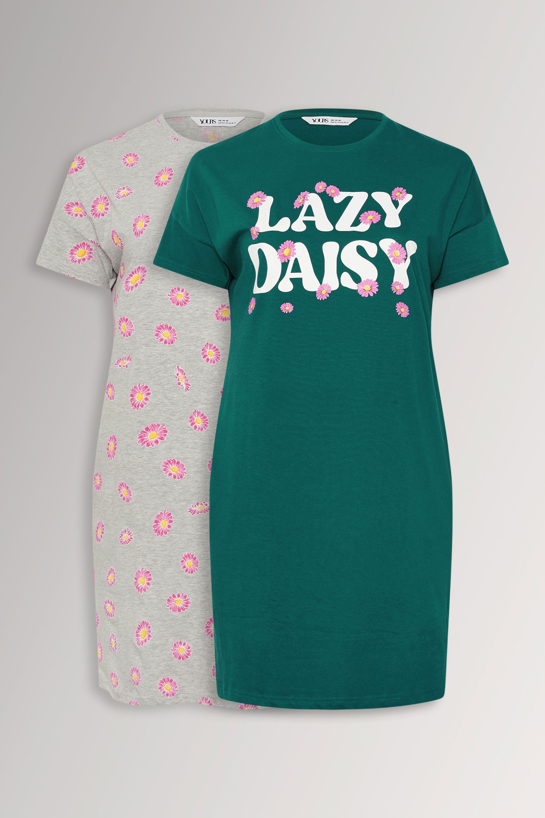 YOURSET Plus Size 2 PACK Green 'Lazy Daisy' Slogan Printed Nightdresses | Yours Clothing 3