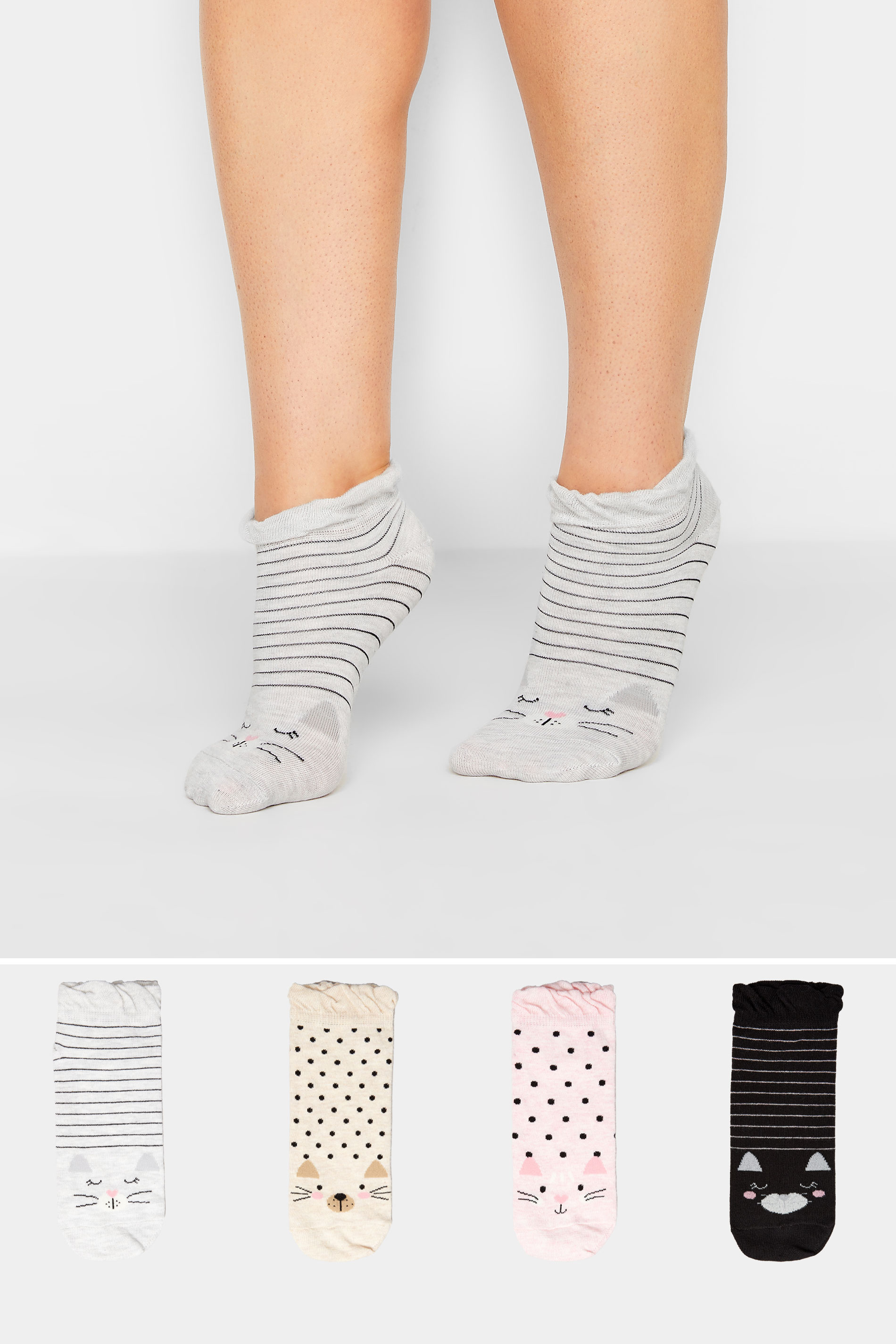 YOURS Curve 4 PACK Cat Print Trainer Socks | Yours Clothing  1