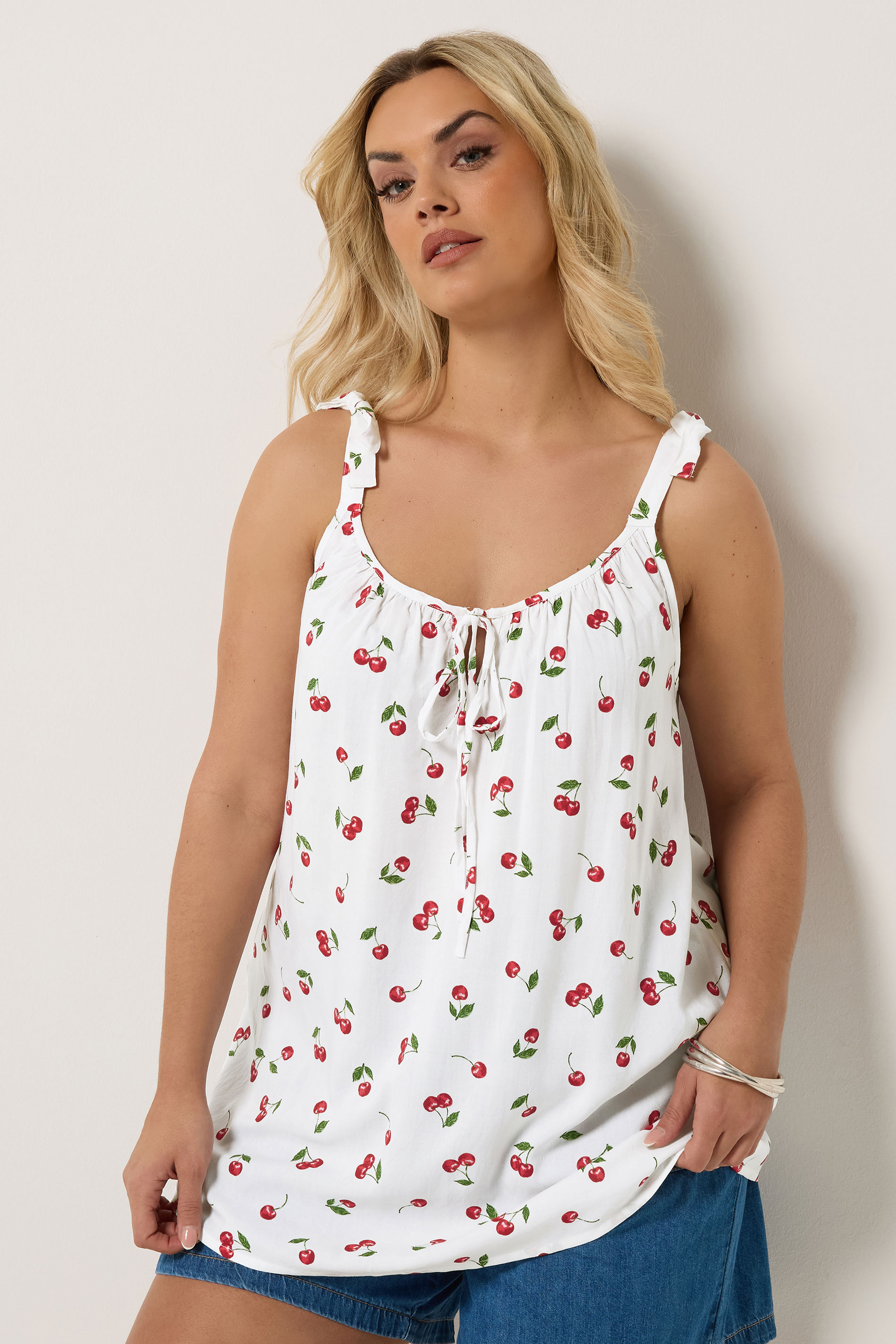 YOURS Plus Size White Cherry Print Vest Top | Yours Clothing 3