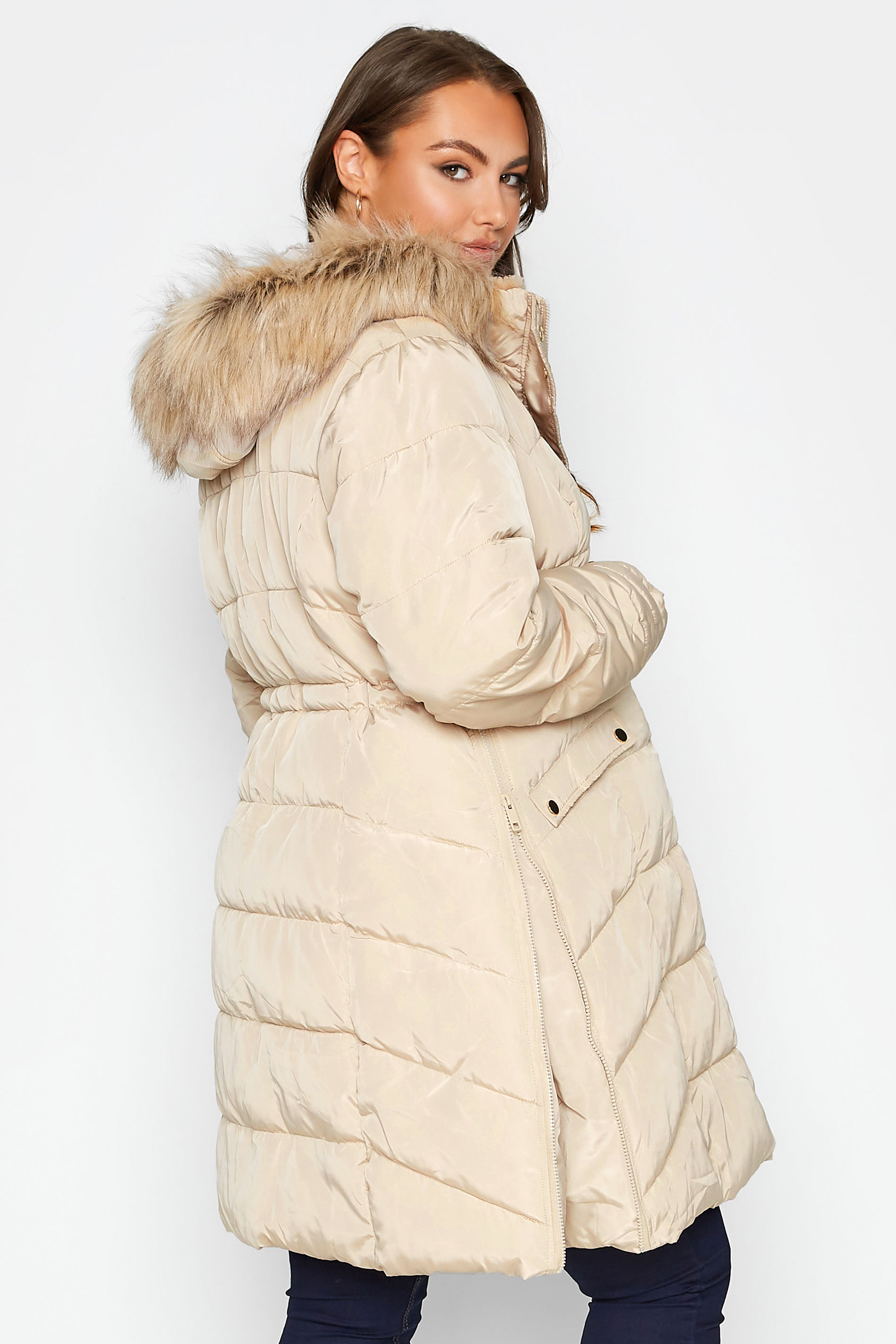 BUMP IT UP Maternity Plus Size Natural Brown Panelled Puffer Midi Coat | Yours Clothing 3