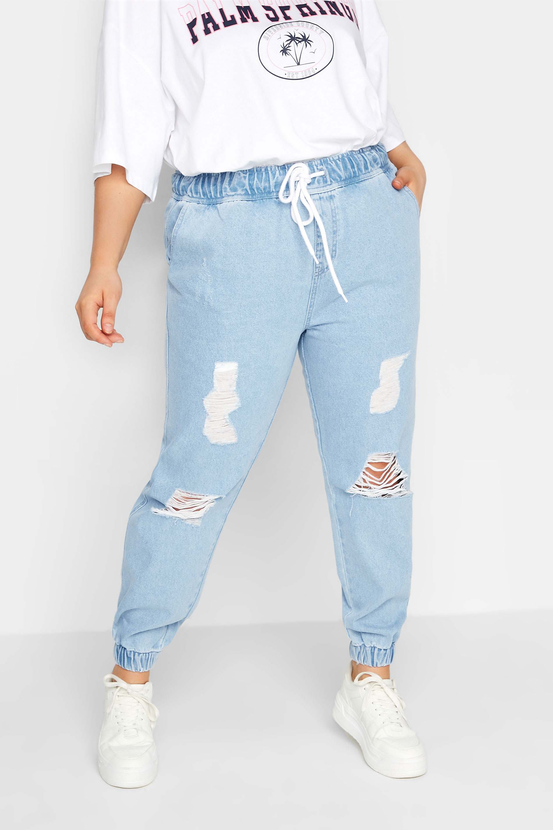 YOURS Plus Size Bleach Blue Ripped Jogger Jeans | Yours Clothing 1
