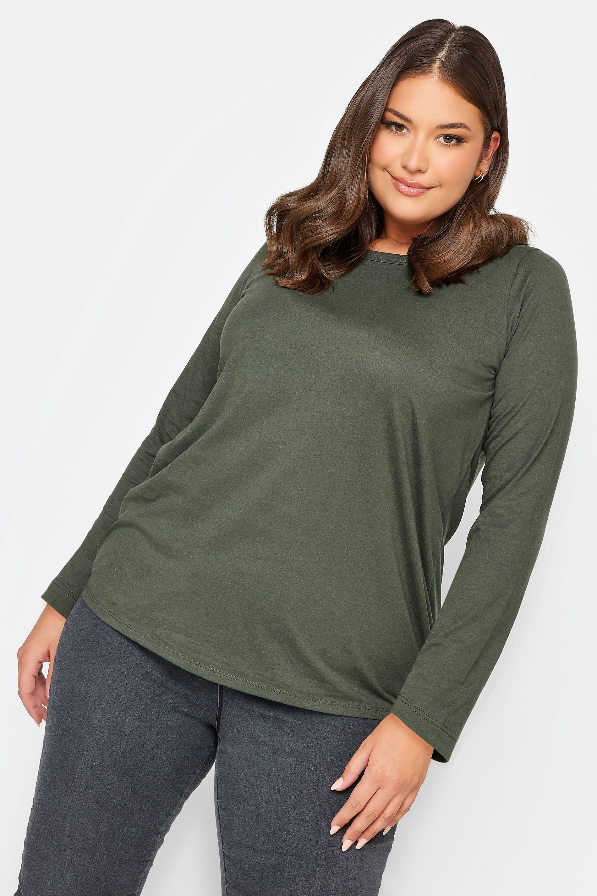 YOURS Curve Plus Size Khaki Green Long Sleeve Essential T-Shirt | Yours Clothing  1