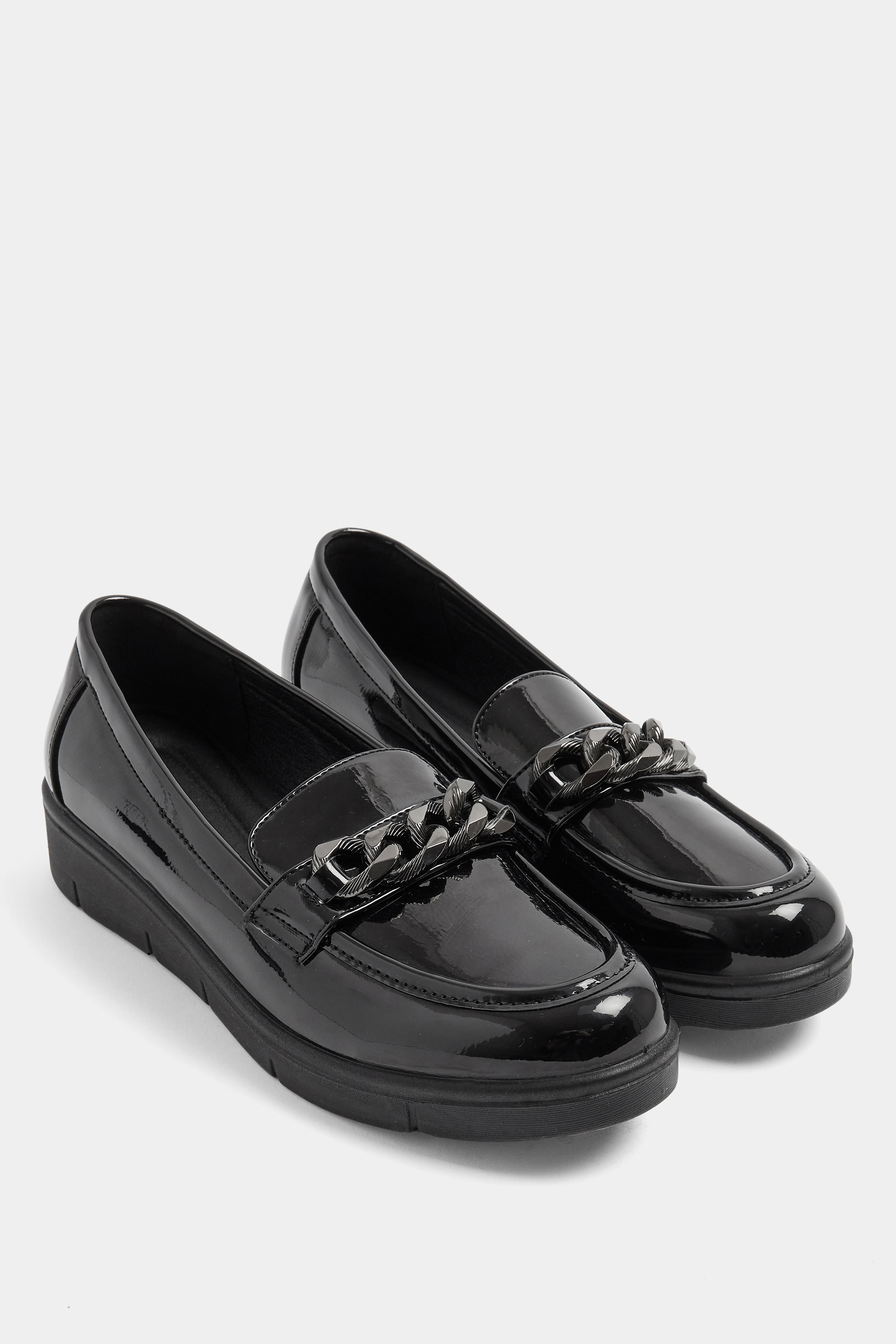 Black Chain Detail Flatform Loafers In Wide E Fit | Yours Clothing 1