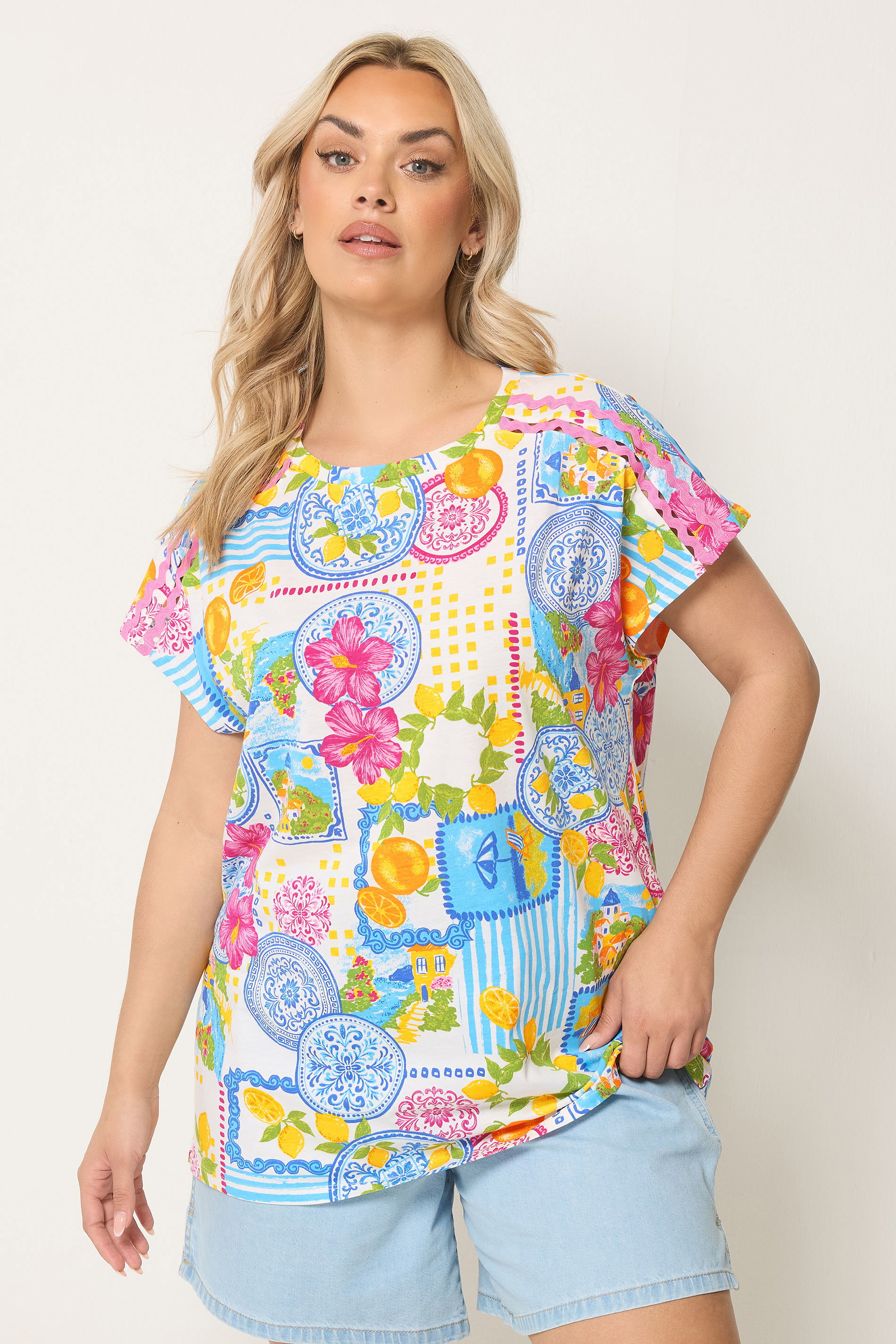 YOURS Plus Size White Tile Print Trim Detail T-Shirt | Yours Clothing 3