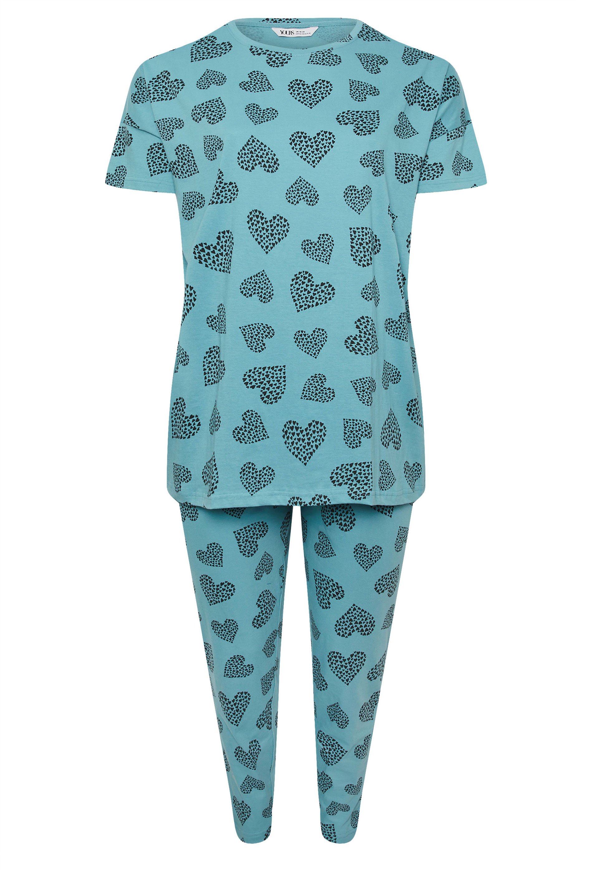 YOURS Plus Size Blue Cluster Heart Print Pyjama Set | Yours Clothing