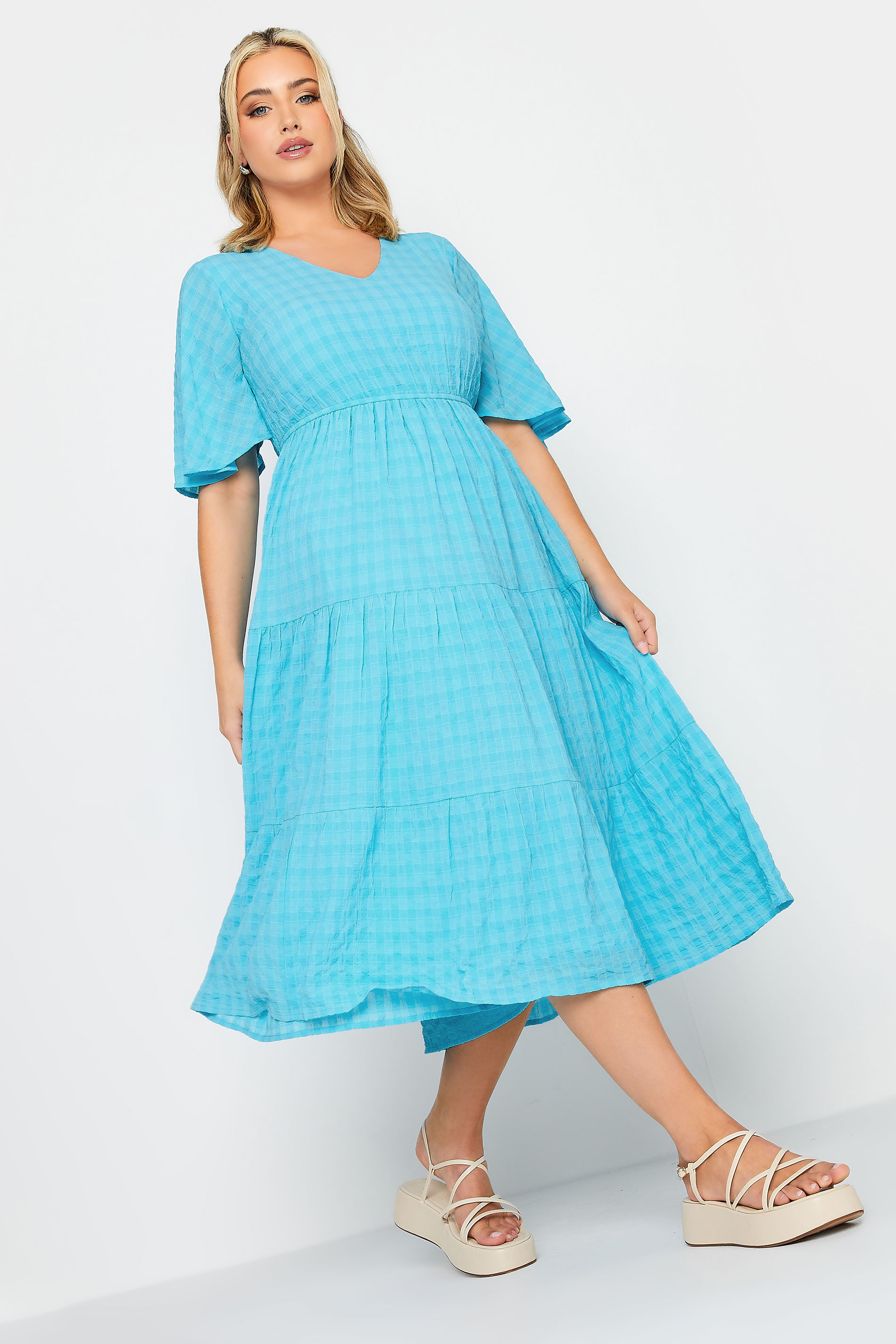 LIMITED COLLECTION Plus Size Aqua Blue Textured Tiered Smock Dress | Yours Clothing 1