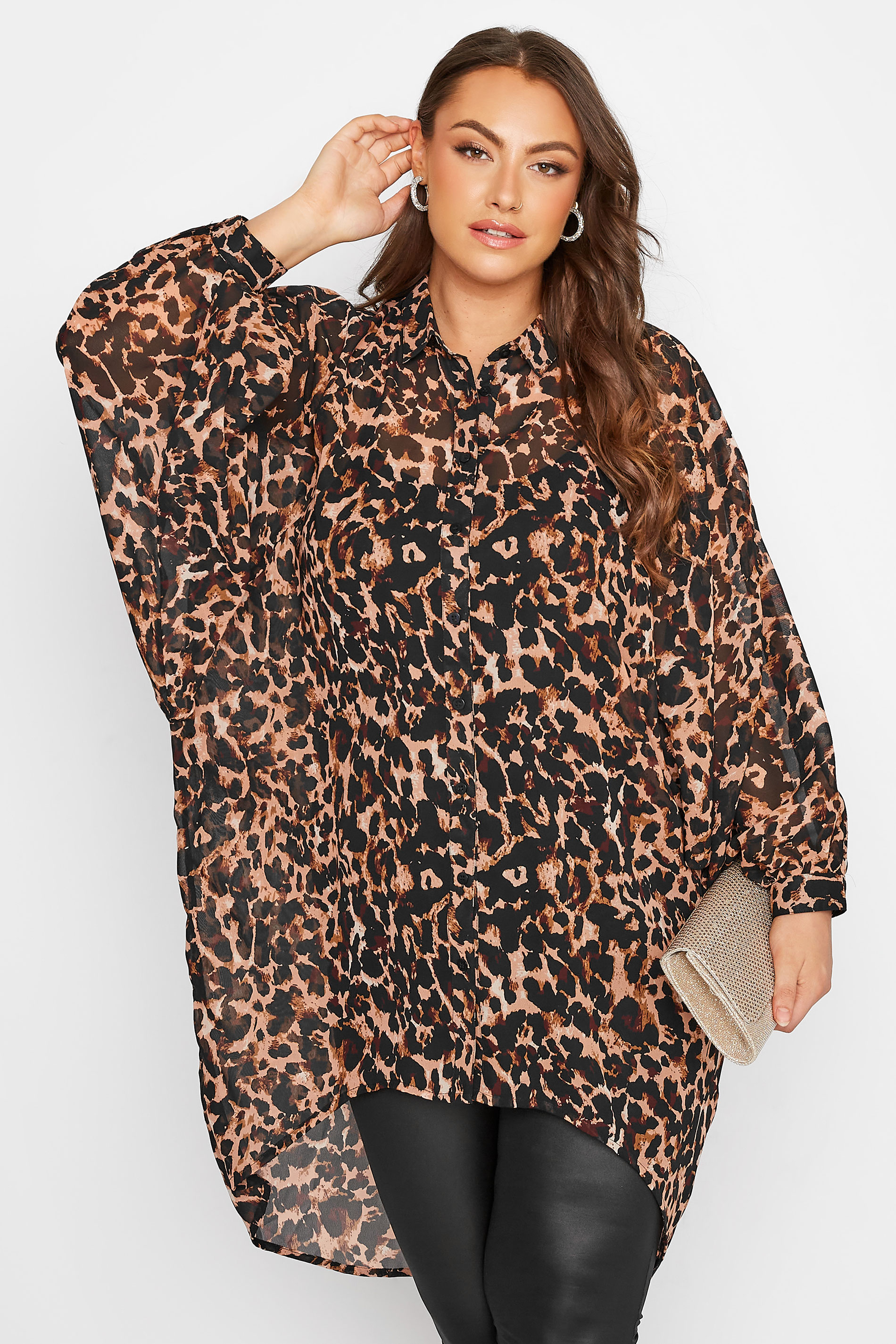 Plus Size Brown Leopard Print Extreme Dipped Hem Shirt | Yours Clothing 1