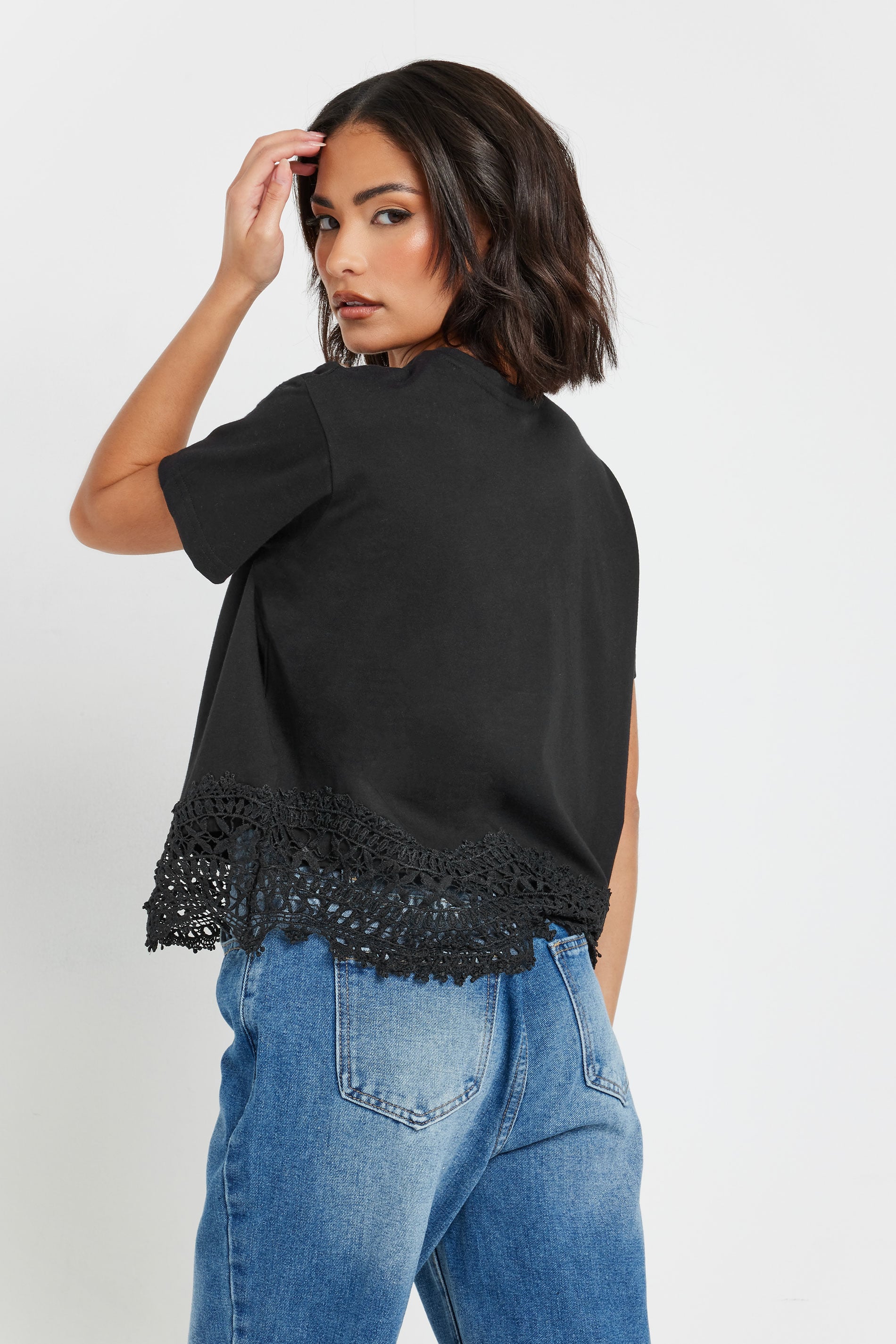 PixieGirl Petite Women's Black Crochet Hemline Cotton T-Shirt | PixieGirl 2
