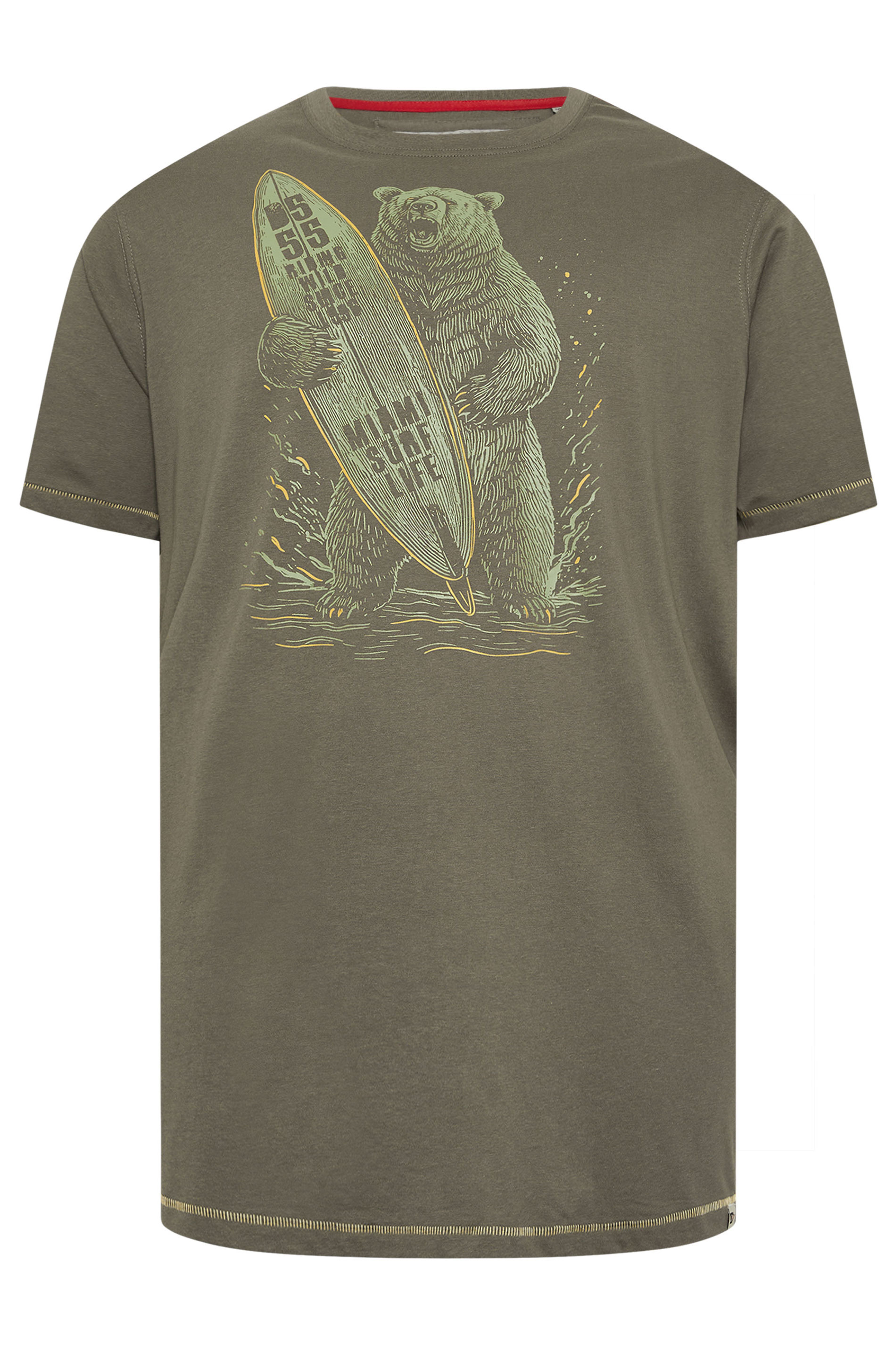 D555 Big & Tall Khaki Green Surfing Bear Print T-Shirt | BadRhino 2