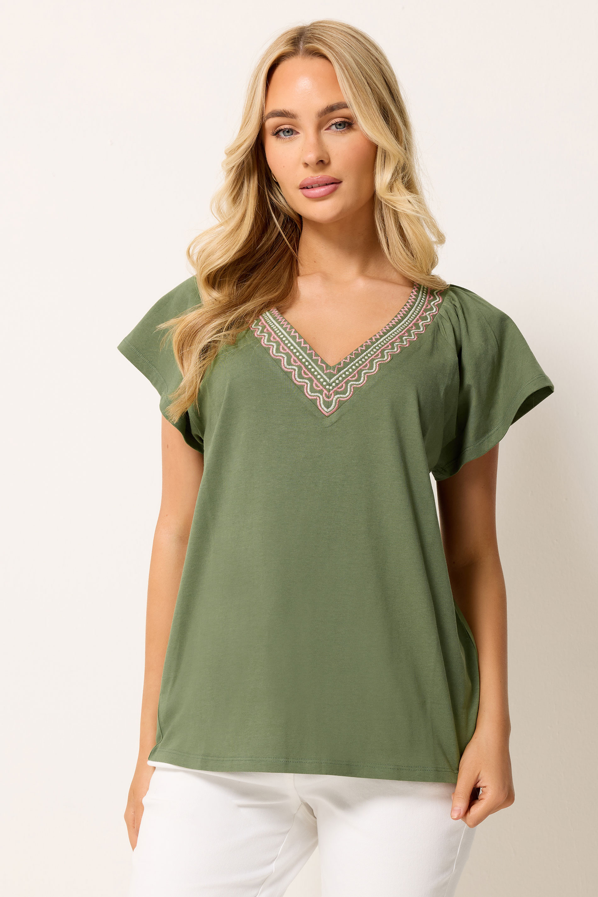 M&Co Khaki Green Embroidered Trim Cotton Cotton T-Shirt | M&Co 3