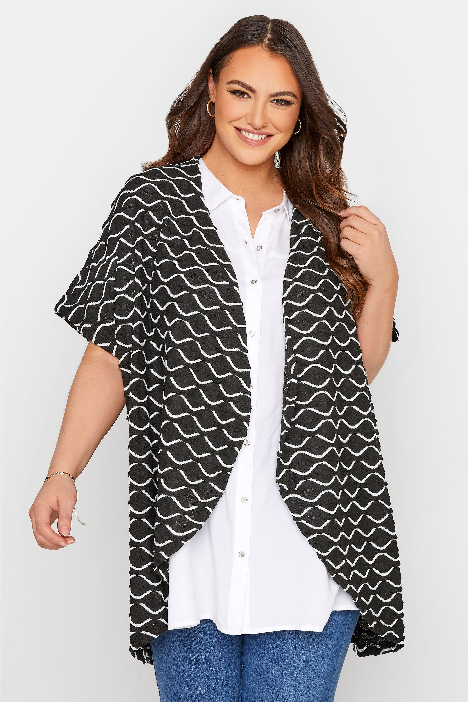 Plus Size Black Wave Print Knitted Cardigan | Yours Clothing 1