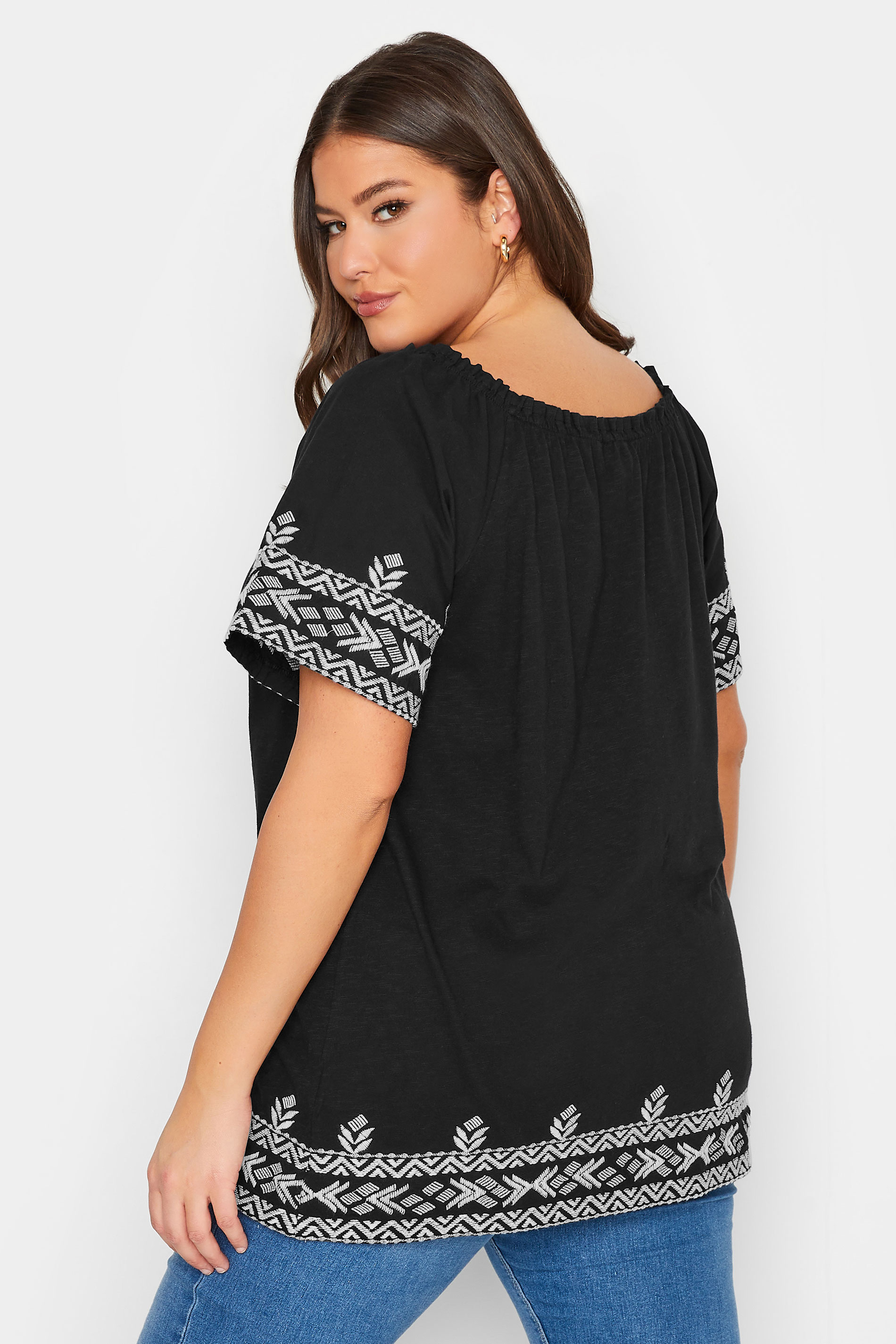 YOURS Plus Size Black Embroidered Hem Bardot Top | Yours Clothing 3