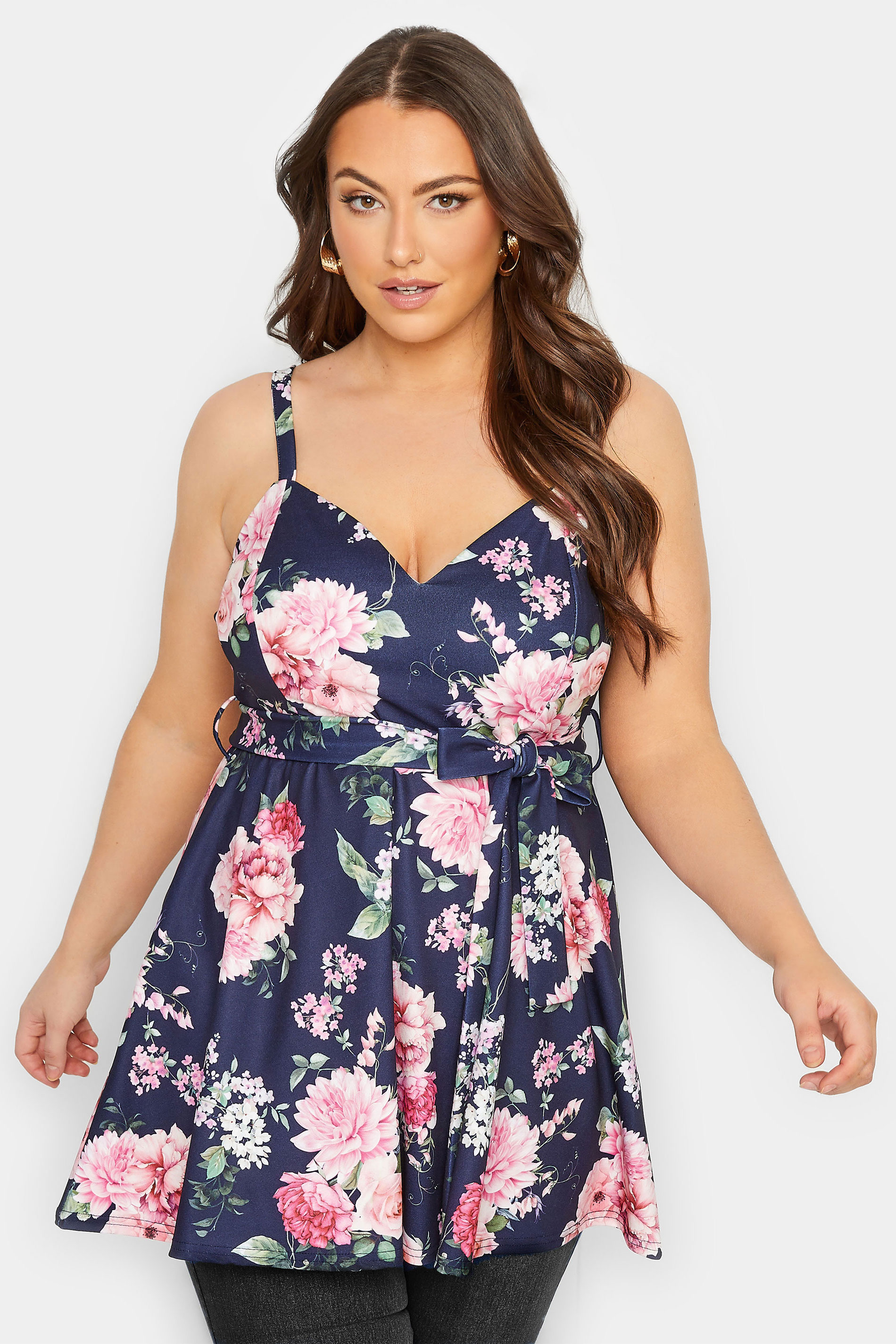 YOURS LONDON Plus Size Navy Blue  Floral Sleeveless Peplum Top | Yours Clothing 1