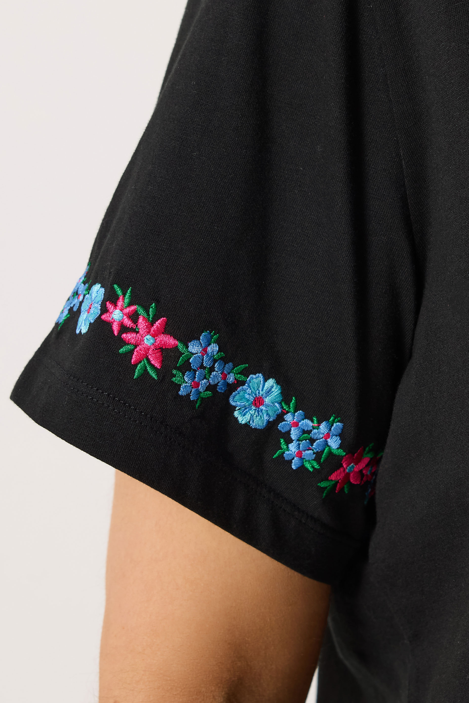 YOURS Plus Size Black Embroidered Floral Sleeve Detail T-Shirt | Yours Clothing 5