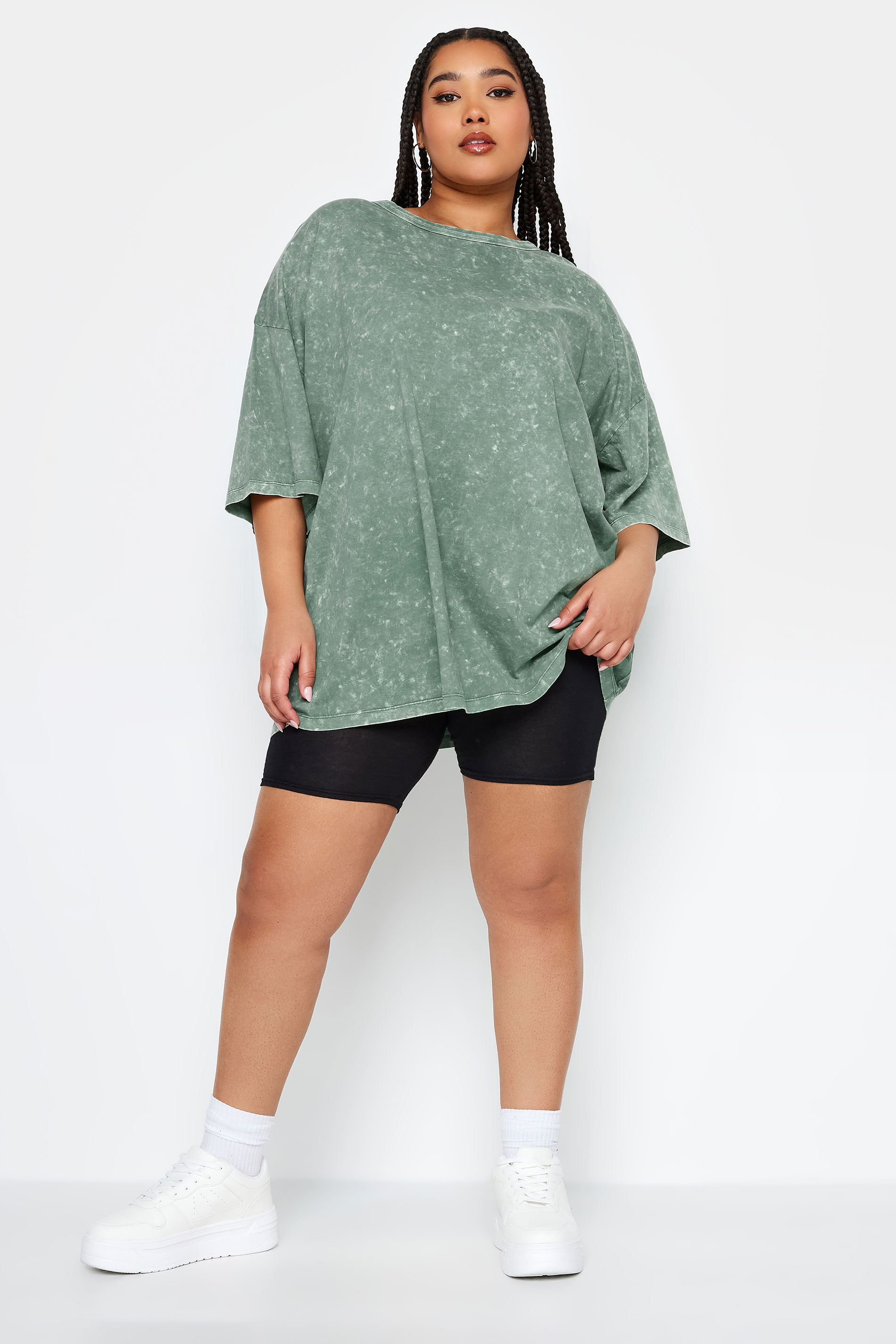 YOURS Plus Size Green Acid Wash Boxy T-Shirt | Yours Clothing 2