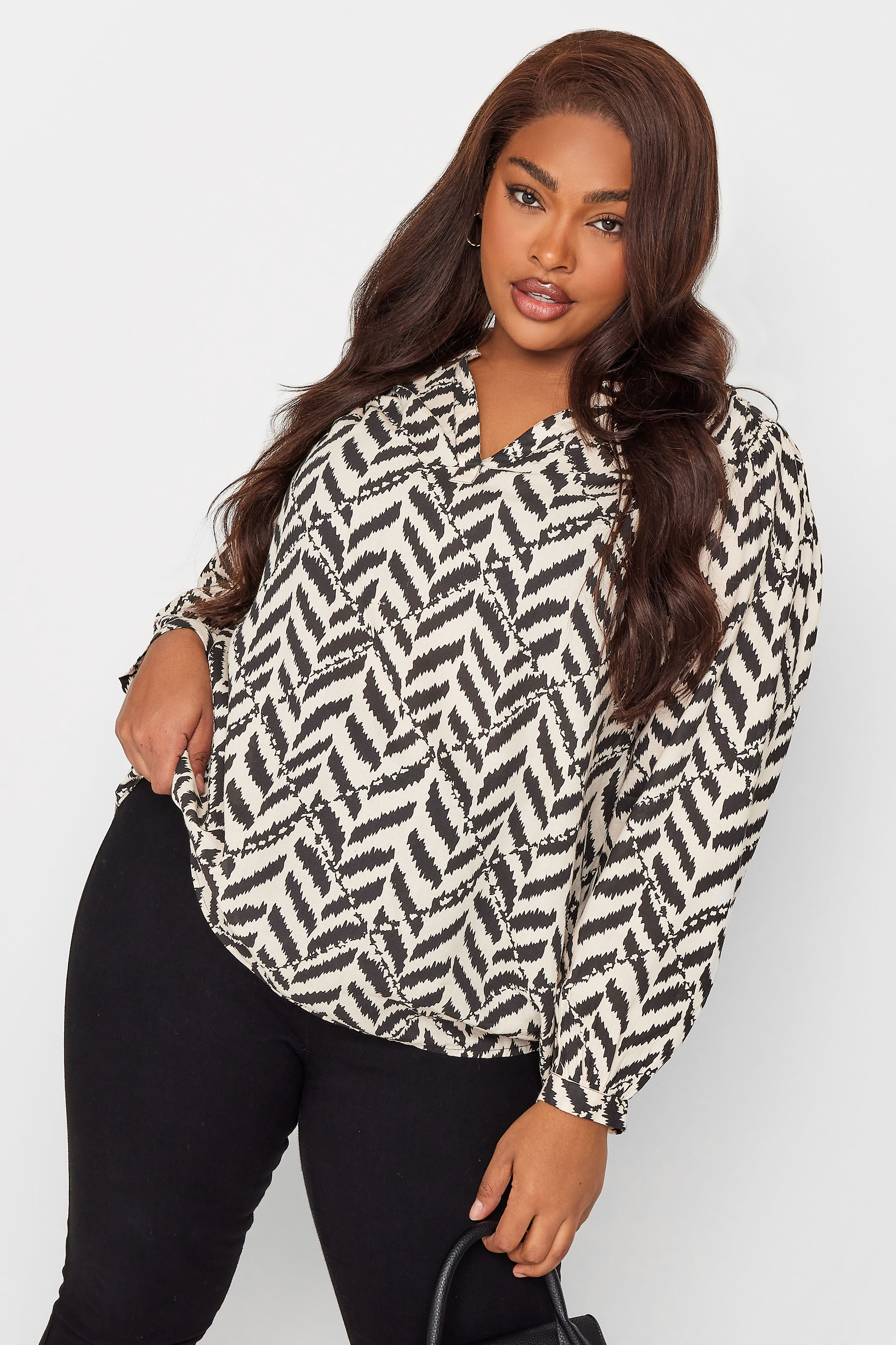 YOURS Plus Size Natural White Zig Zag Print Blouse | Yours Clothing 1