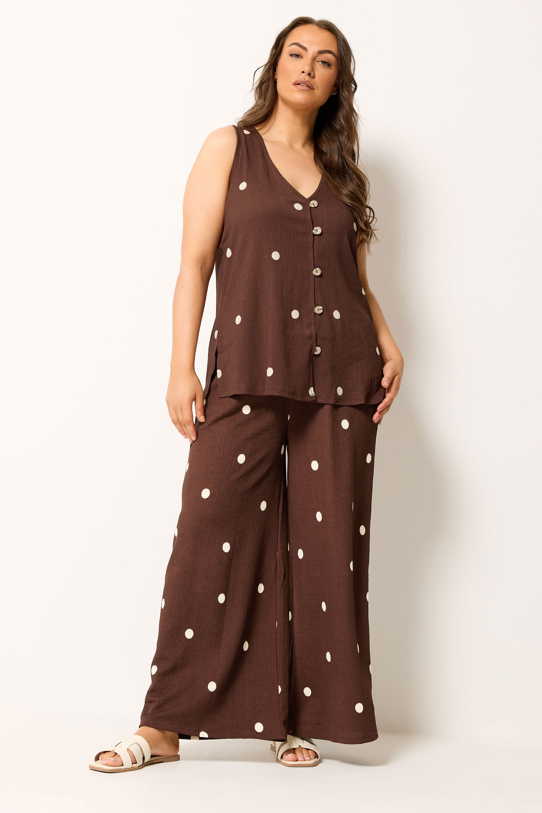 YOURS Plus Size Chocolate Brown Polka Dot Textured Waistcoat | Yours Clothing 1