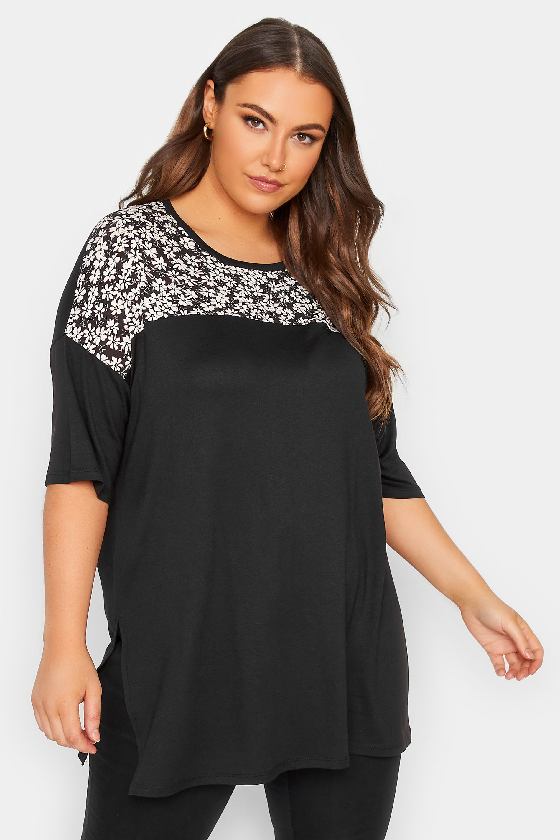 YOURS Plus Size Black Floral Panel Top | Yours Clothing 1