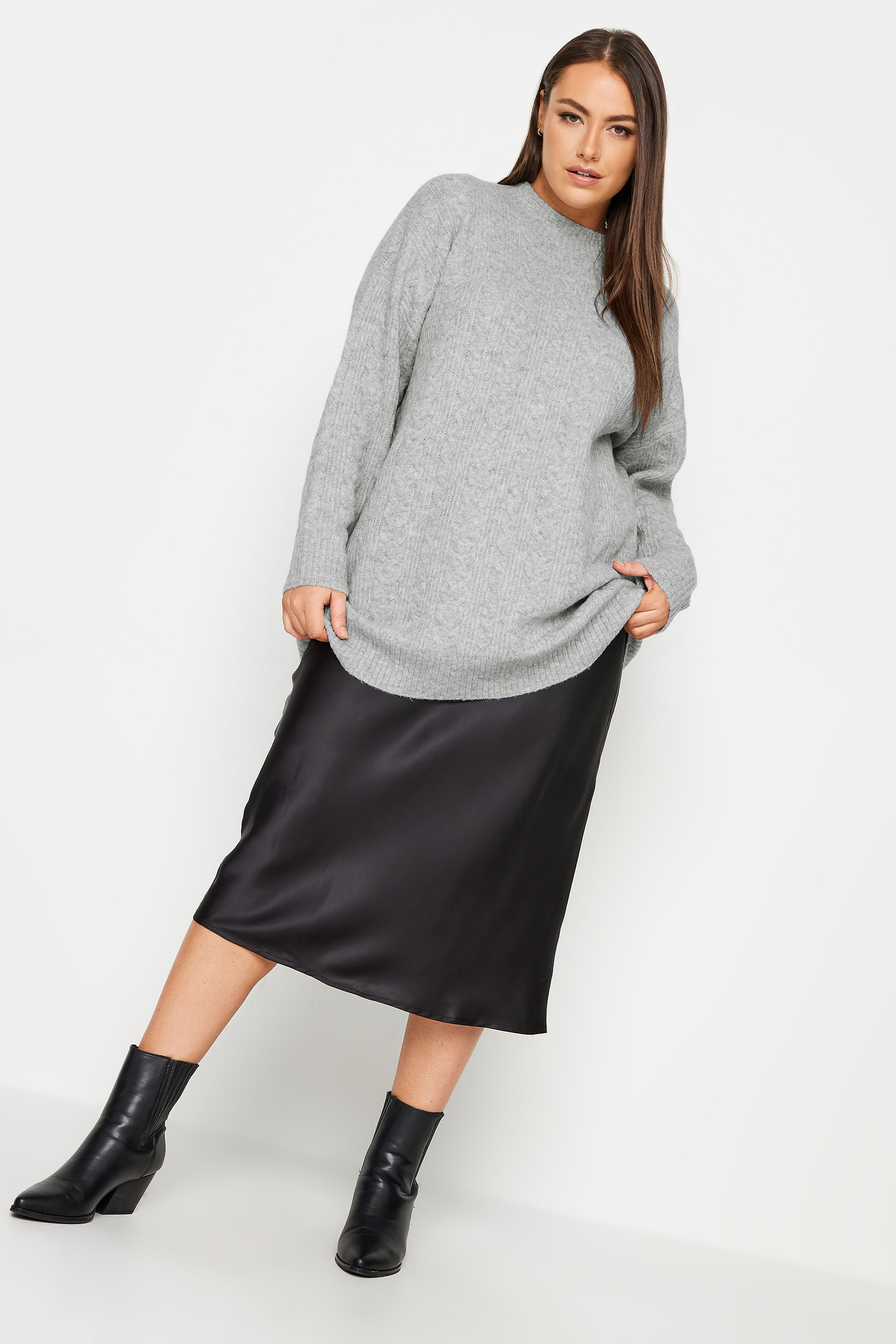 YOURS Plus Size Grey Cable Knit Turtle Neck Jumper | Yours Clothing 2