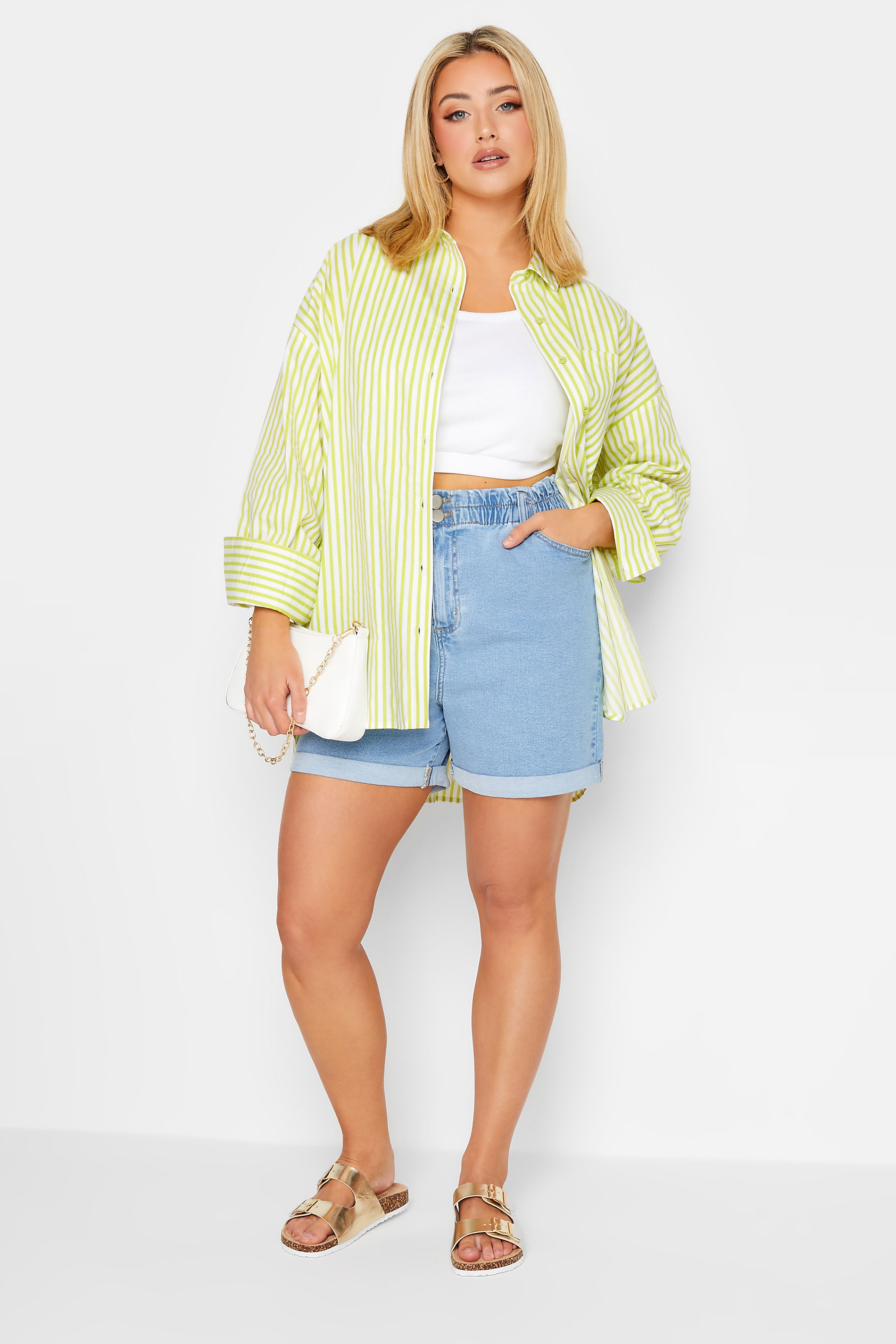 YOURS Plus Size Lime Green Stripe Poplin Oversized Shirt| Yours Clothing 3