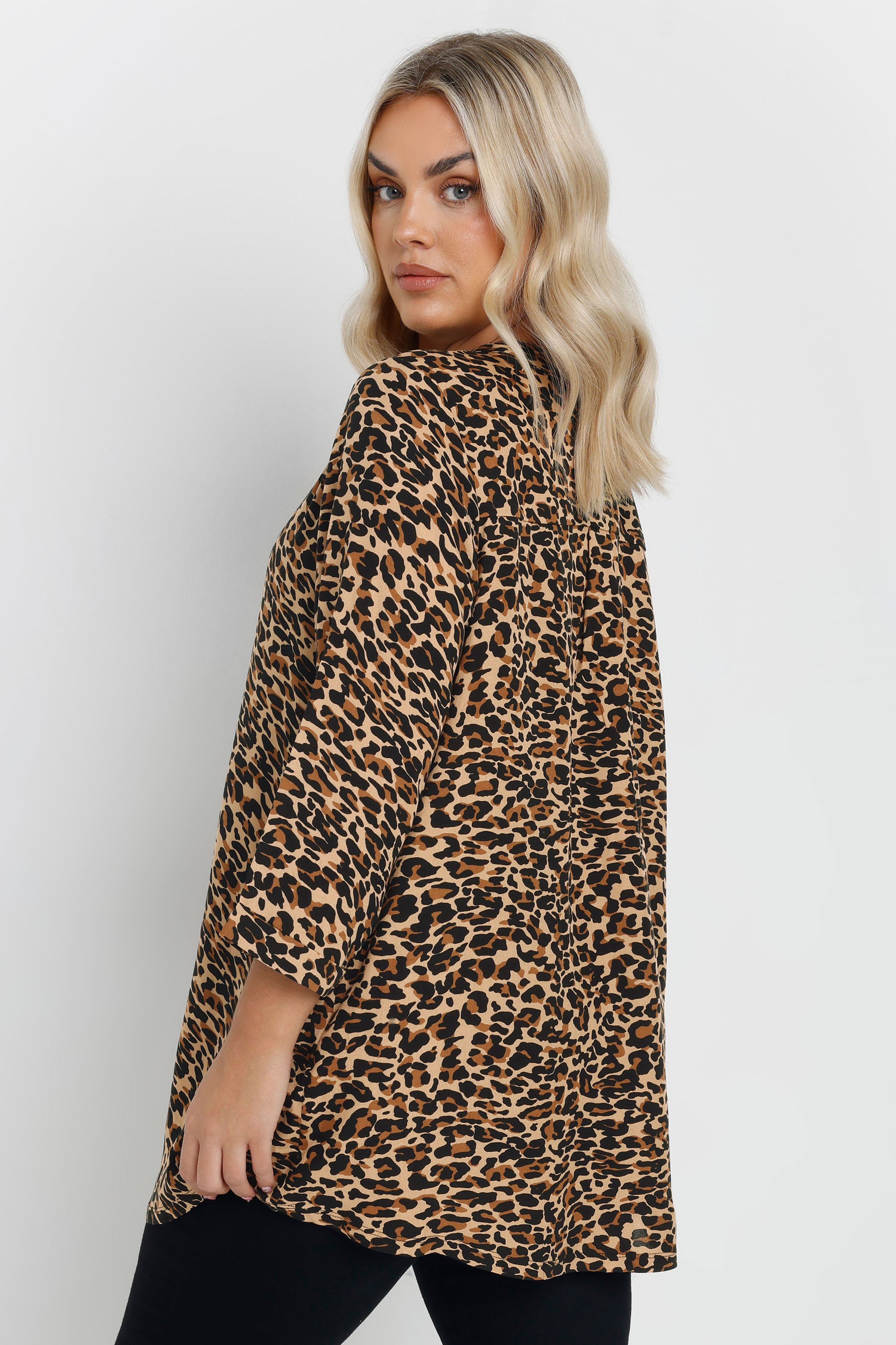 YOURS Plus Size Brown Leopard Half Placket Top | Yours Clothing 2