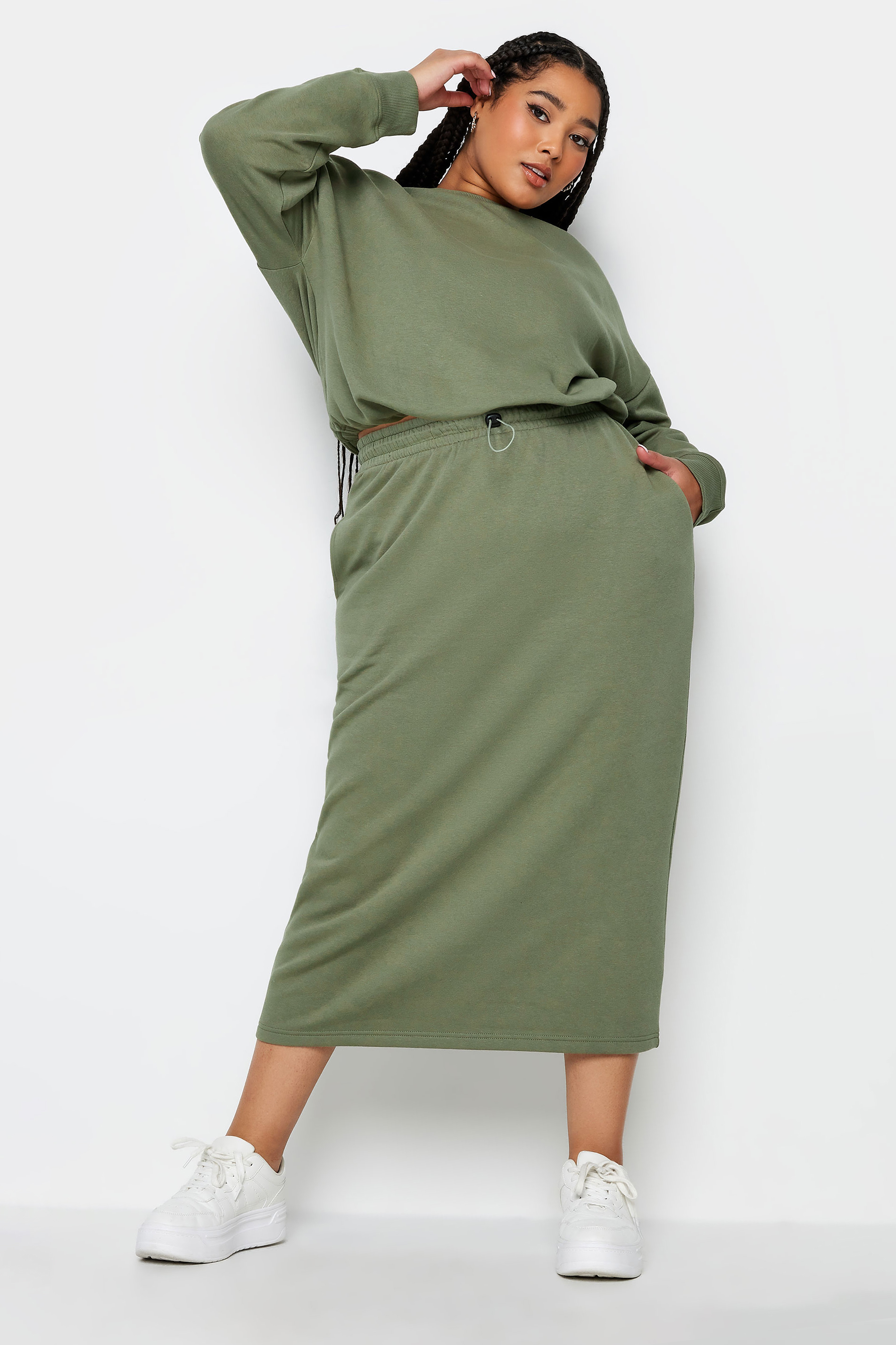 LIMITED COLLECTION Plus Size Khaki Green Midi Sweat Skirt | Yours Clothing 1