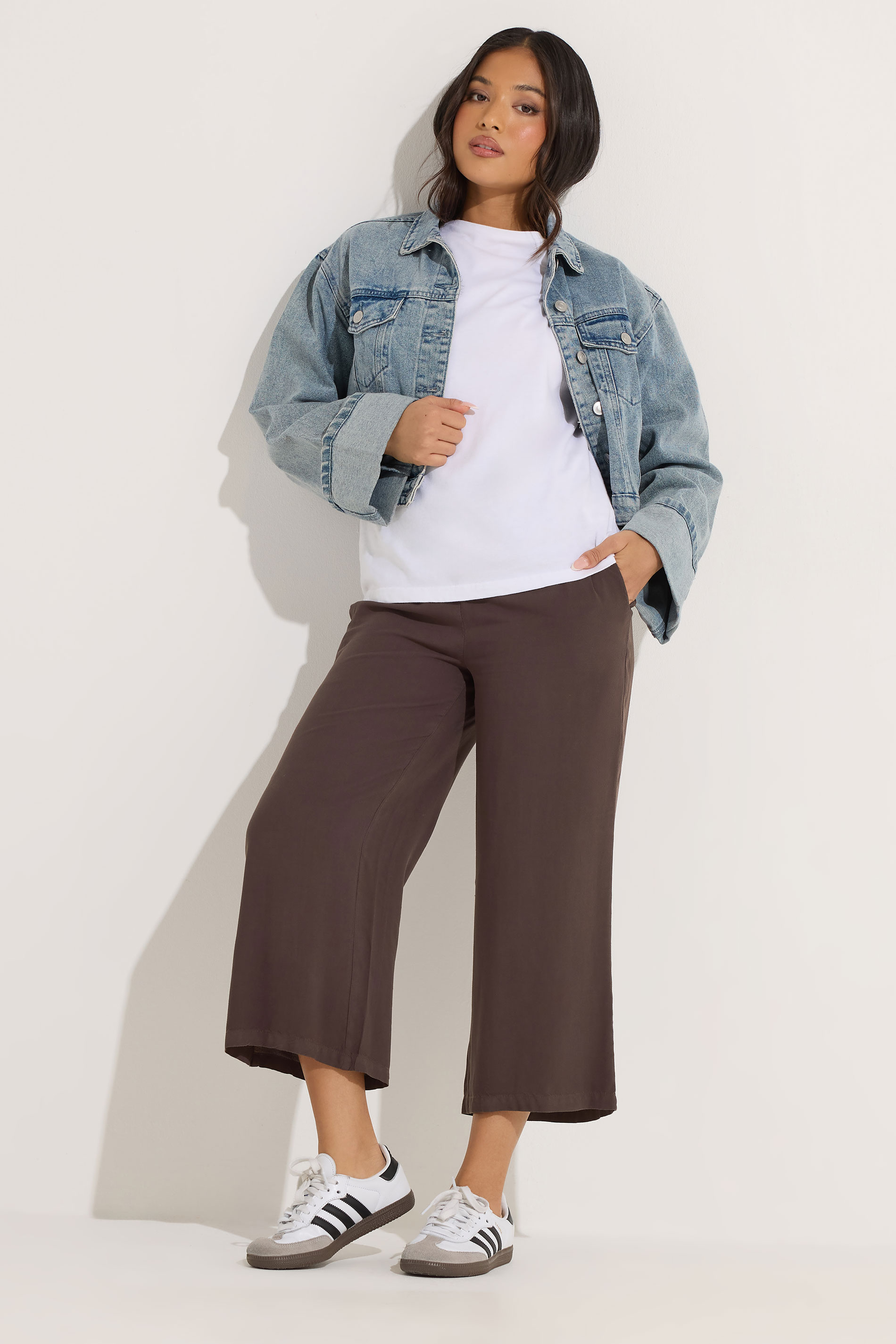 PixieGirl Petite Women's Chocolate Brown Cropped Wide Leg Trousers | PixieGirl 3