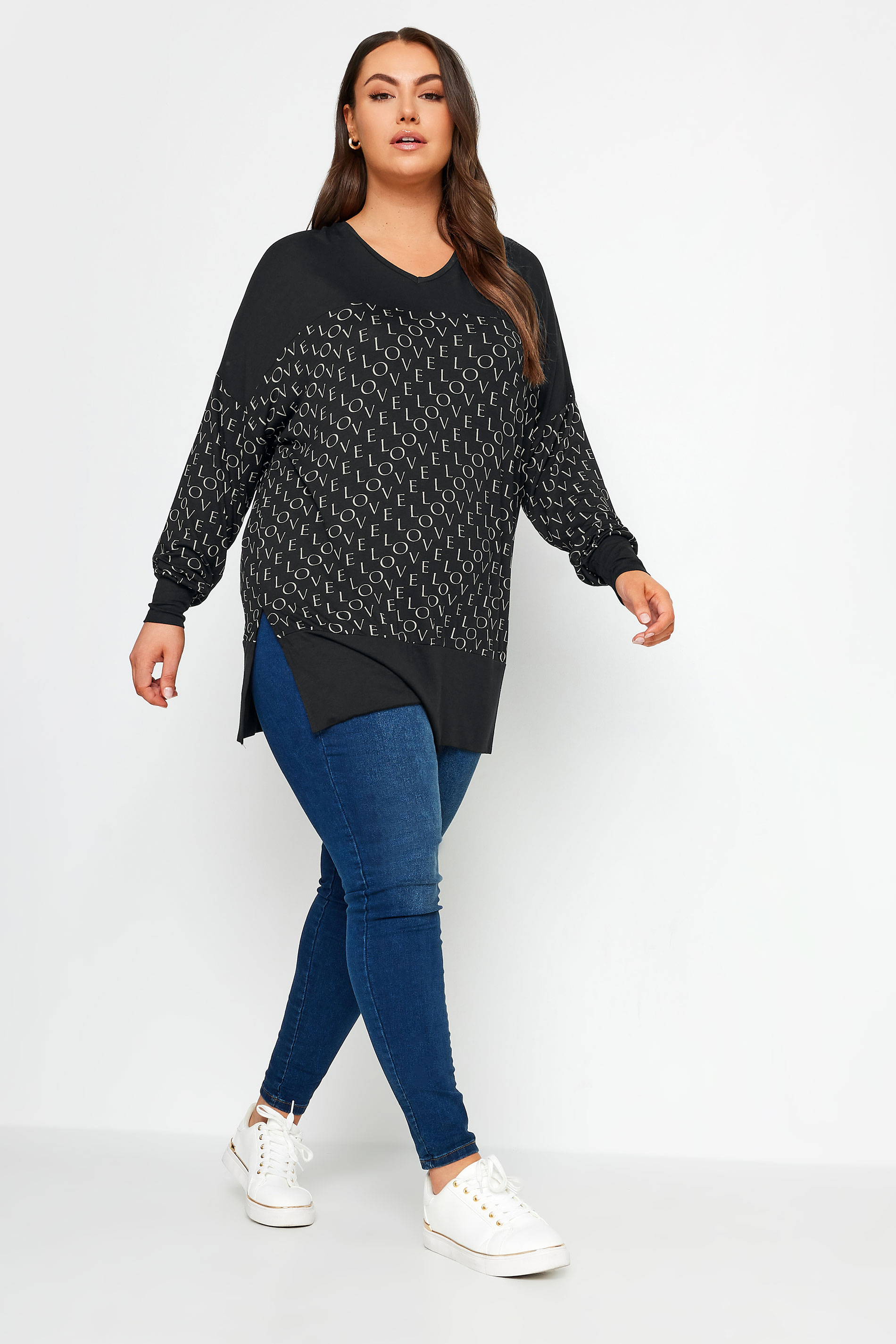 YOURS Curve Black 'Love' Print V-Neck Long Sleeve Top | Yours Clothing 2