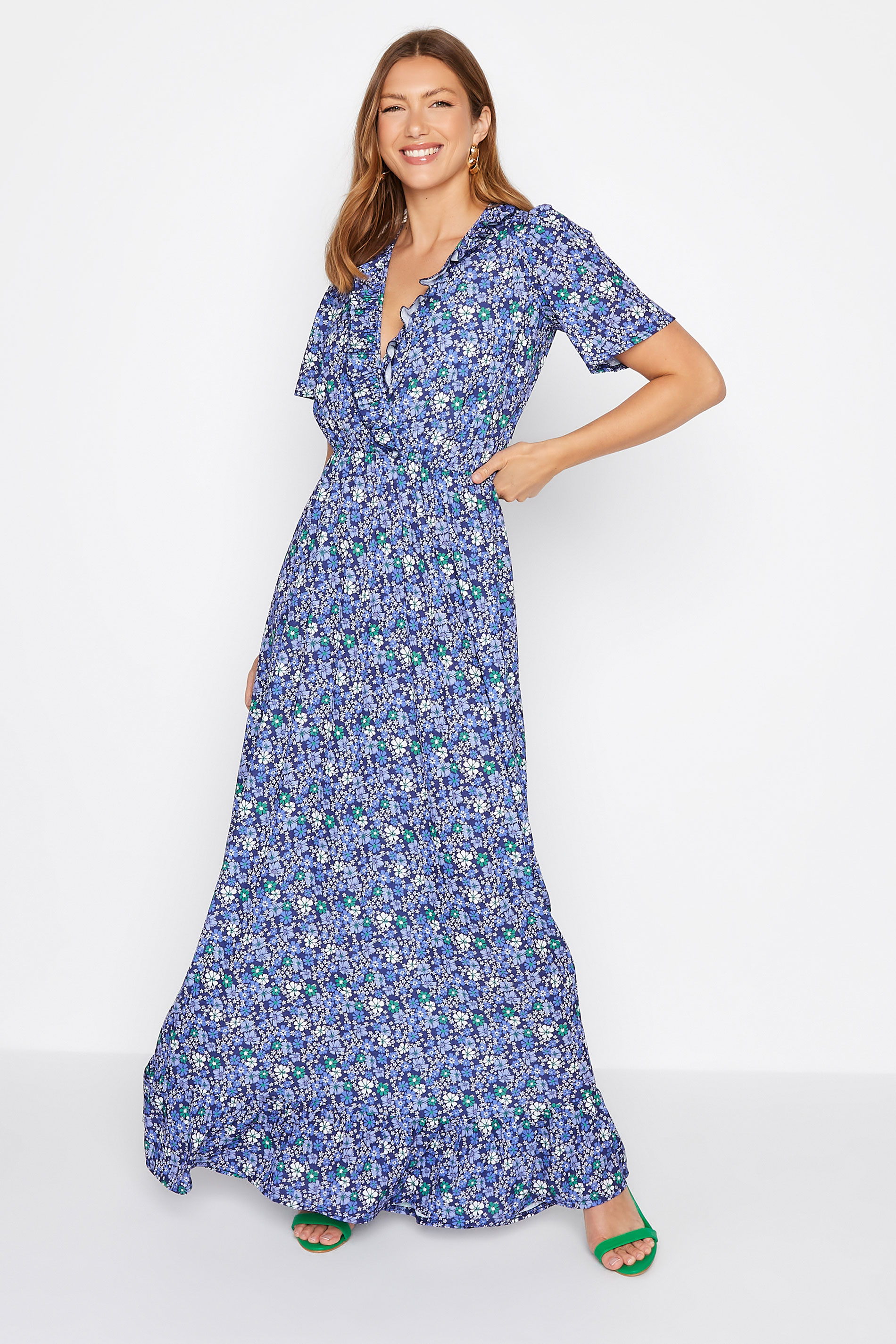 LTS Tall Women's Blue Ditsy Print Ruffle Maxi Dress | Long Tall Sally 1