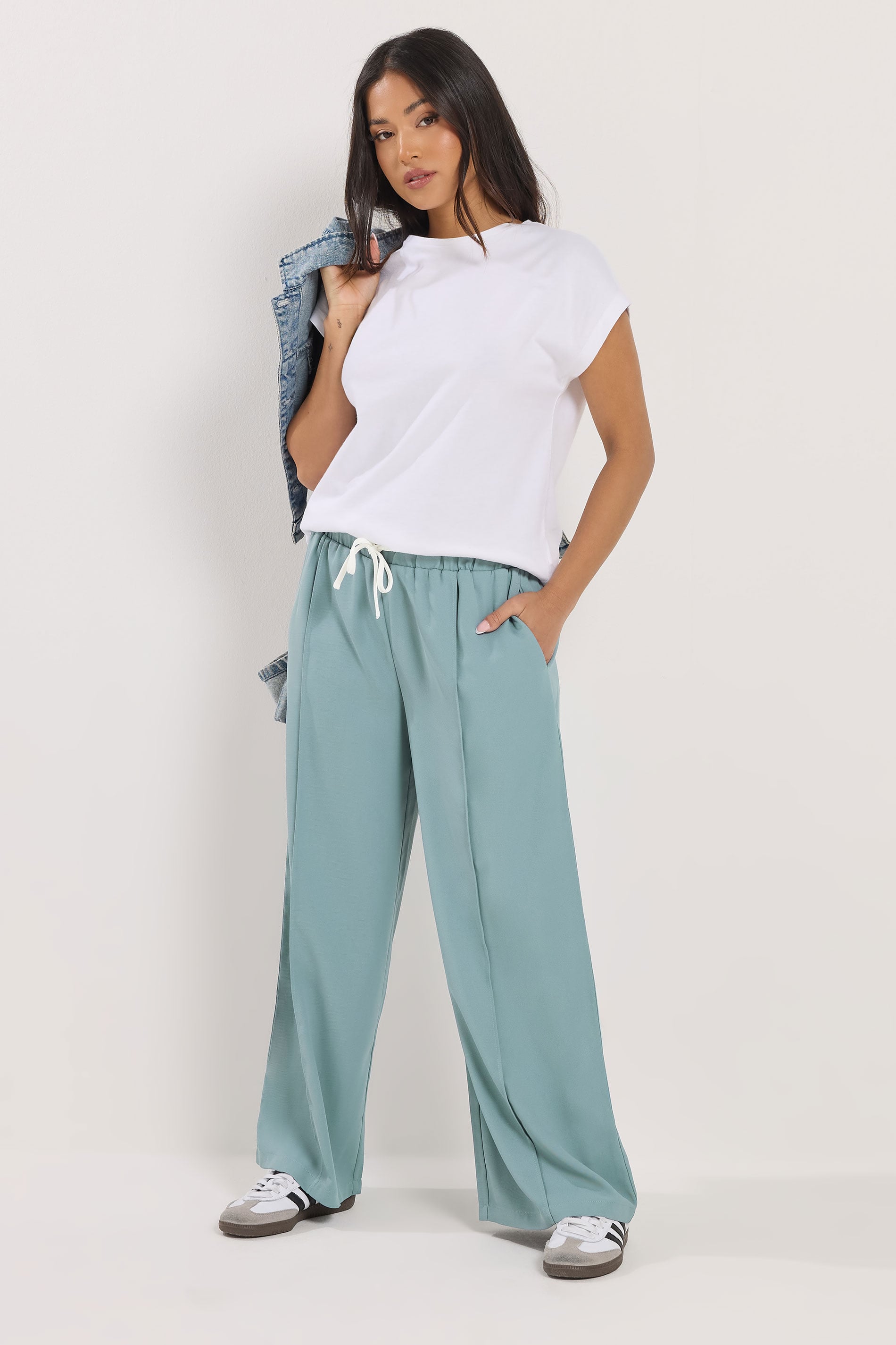 PixieGirl Petite Women's Blue Contrast Waist Wide Leg Trousers | PixieGirl 3