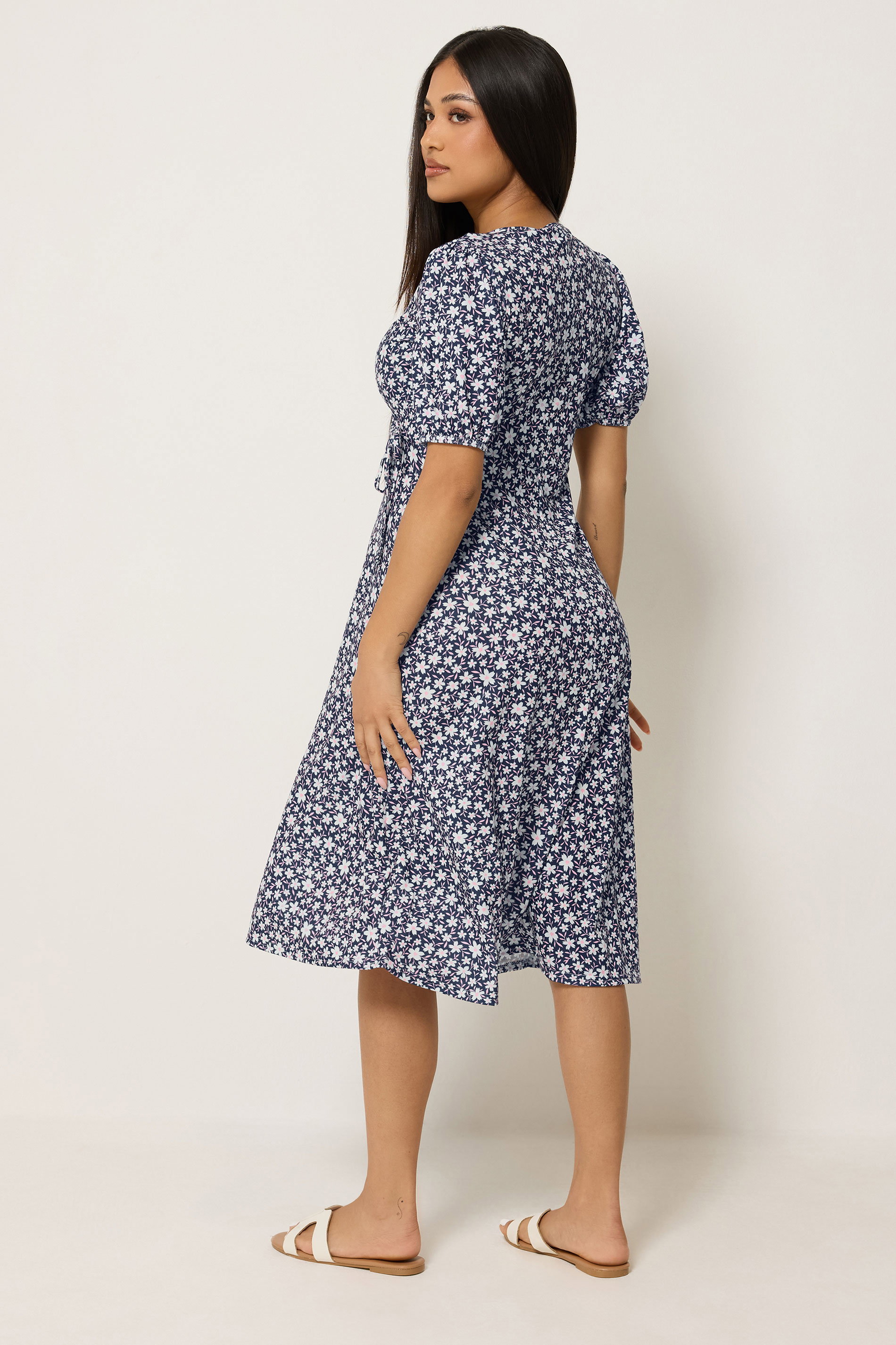 M&Co Petite Navy Blue Floral Print Midi Wrap Dress | M&Co 2