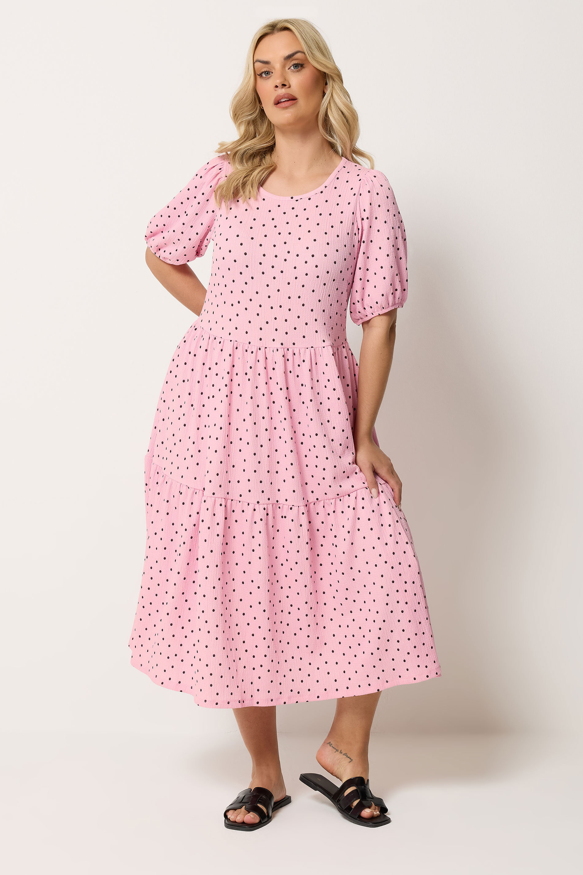 YOURS Plus Size Pink Polka Dot Tiered Dress | Yours Clothing 1