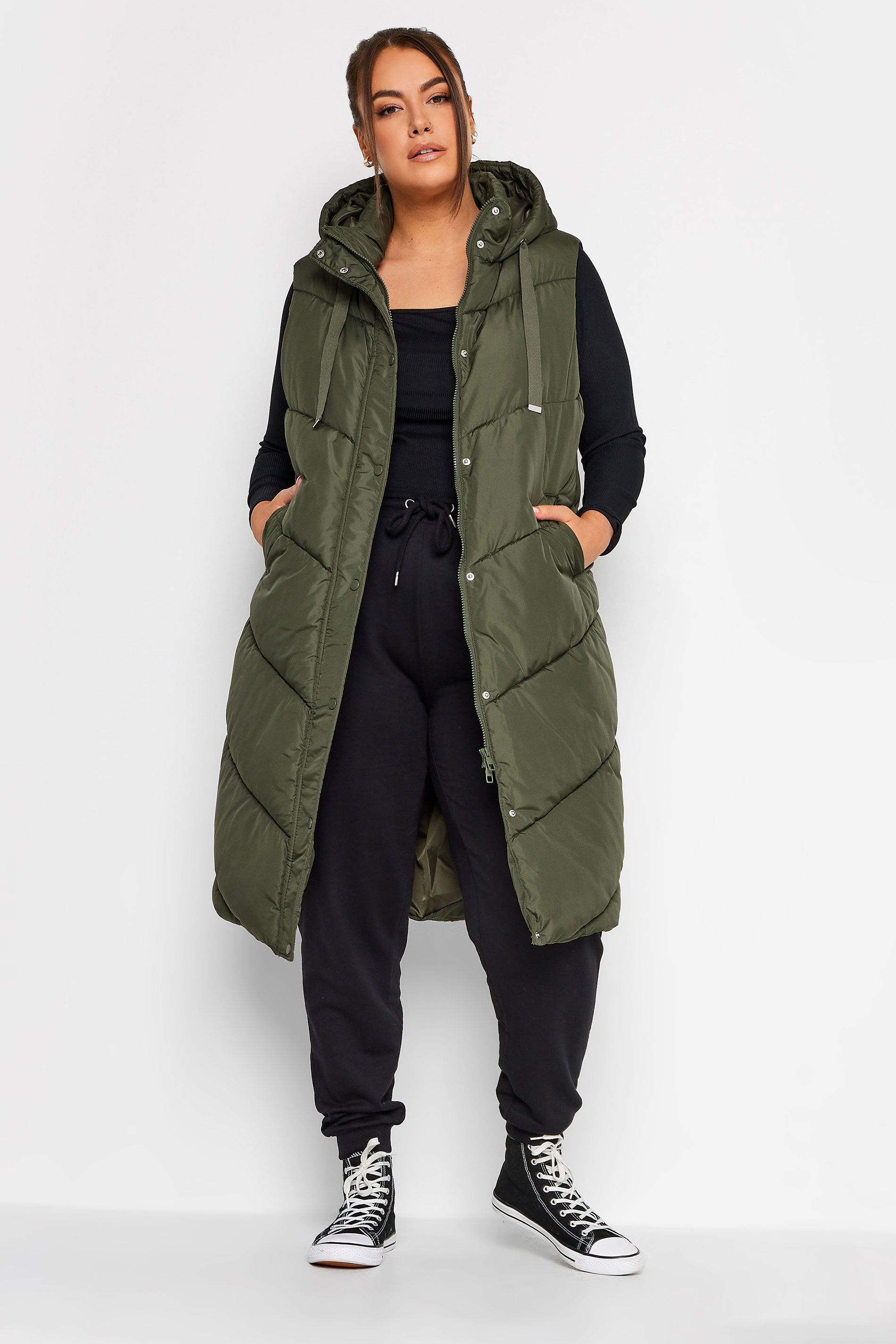 YOURS Curve Green Quilted Longline Hooded Gilet | Yours Clothing 1