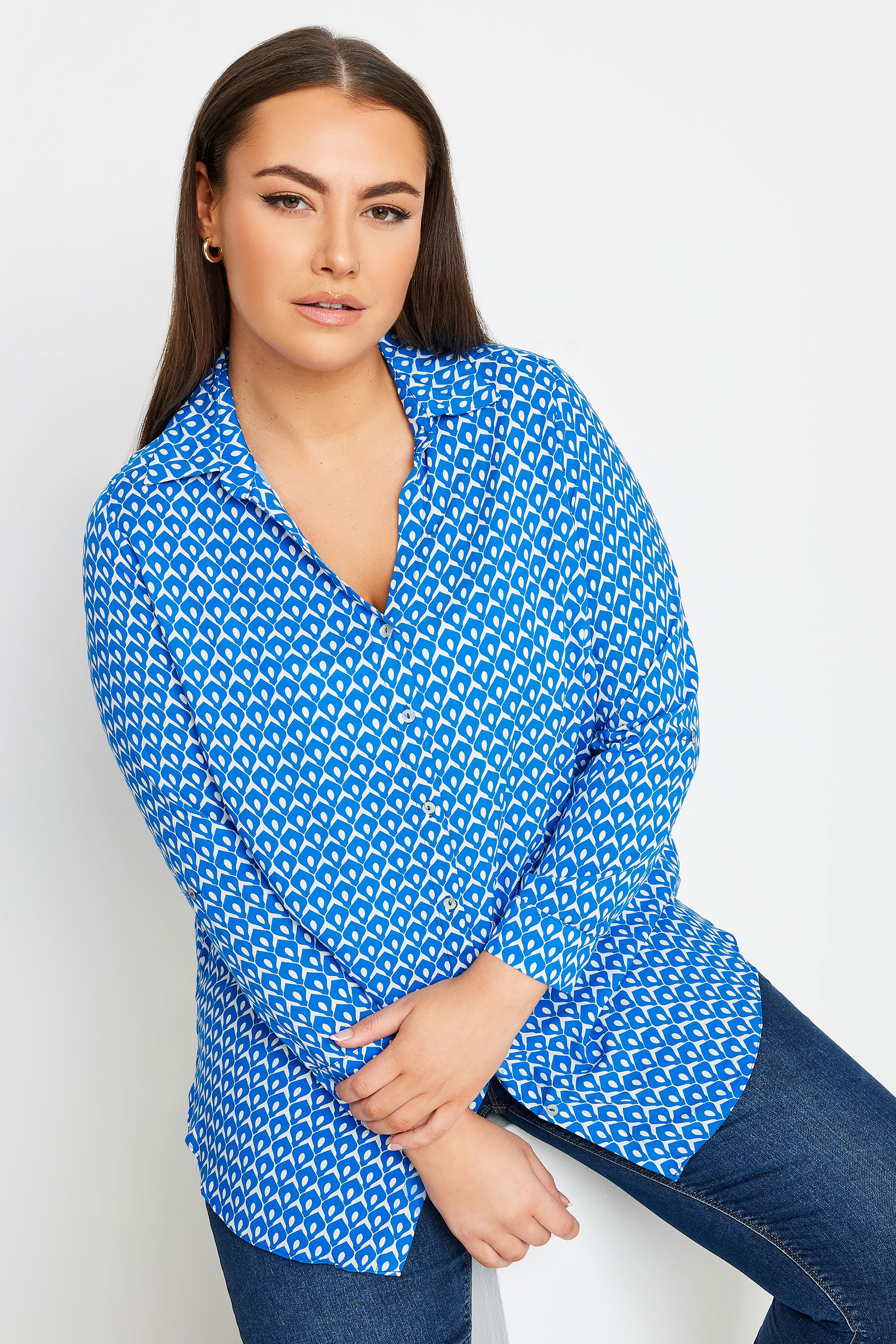 YOURS Plus Size Blue Geometric Print Button Through Shirt | Yours Clothing 1