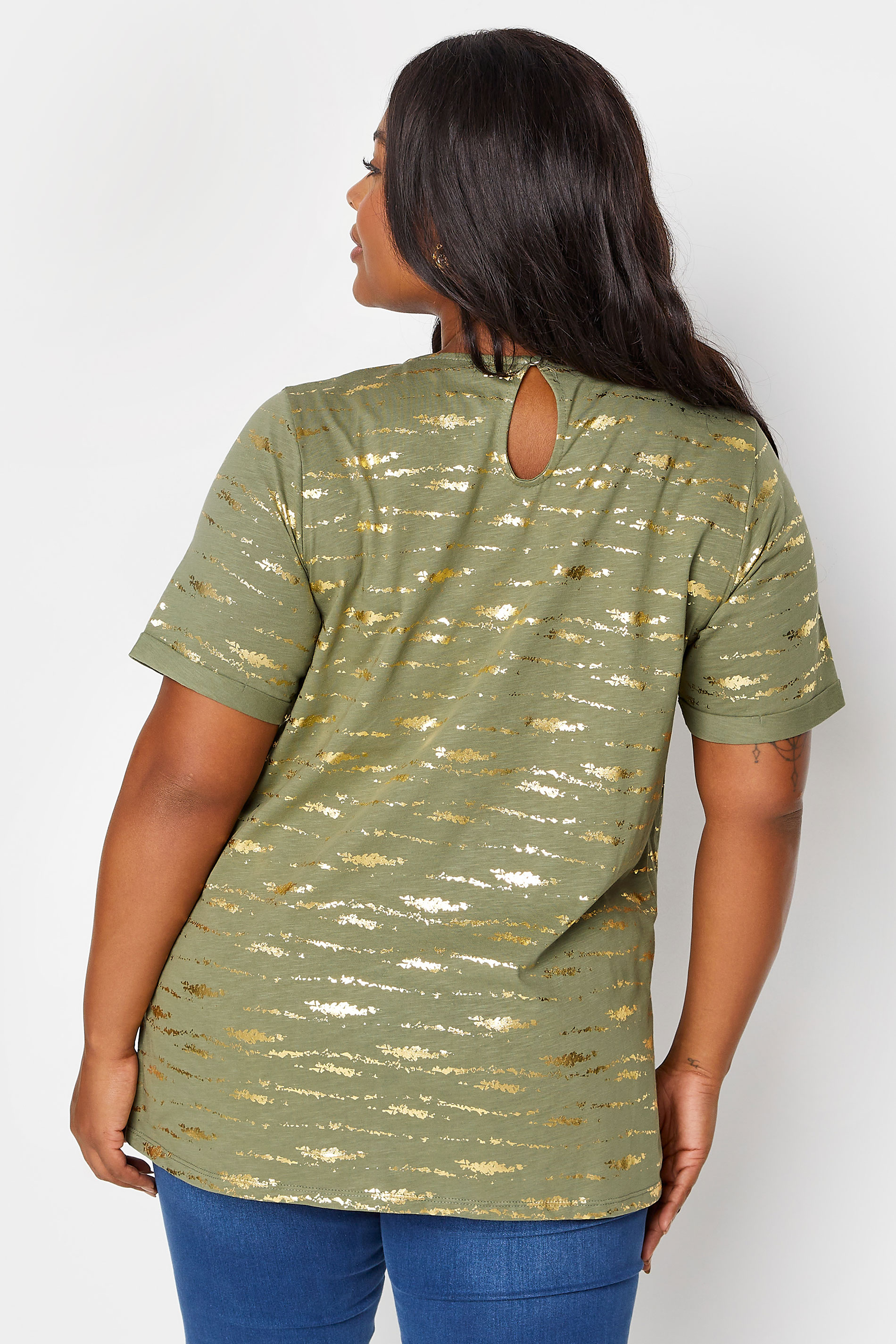 YOURS Plus Size Khaki Green Foil Print Top | Yours Clothing 3