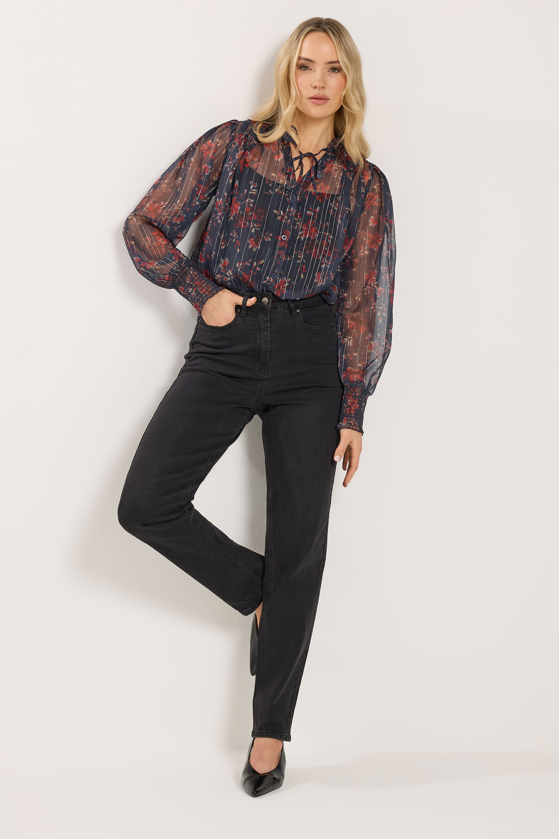 LTS Tall Navy Blue Floral Print Frill Neck Blouse | Long Tall Sally 2