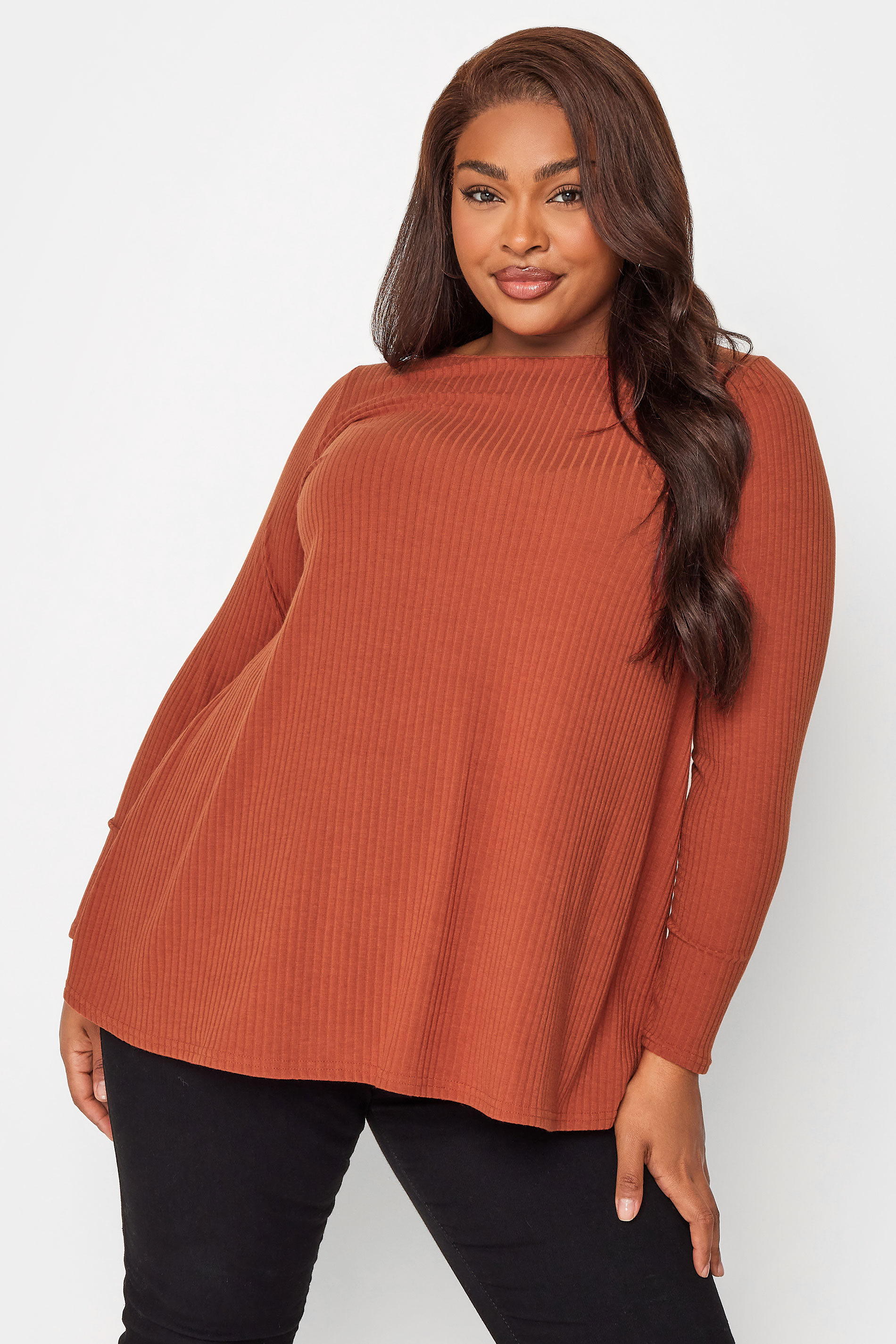 YOURS Plus Size Rust Orange Ribbed Long Sleeve Swing Top | Yours Clothing 1