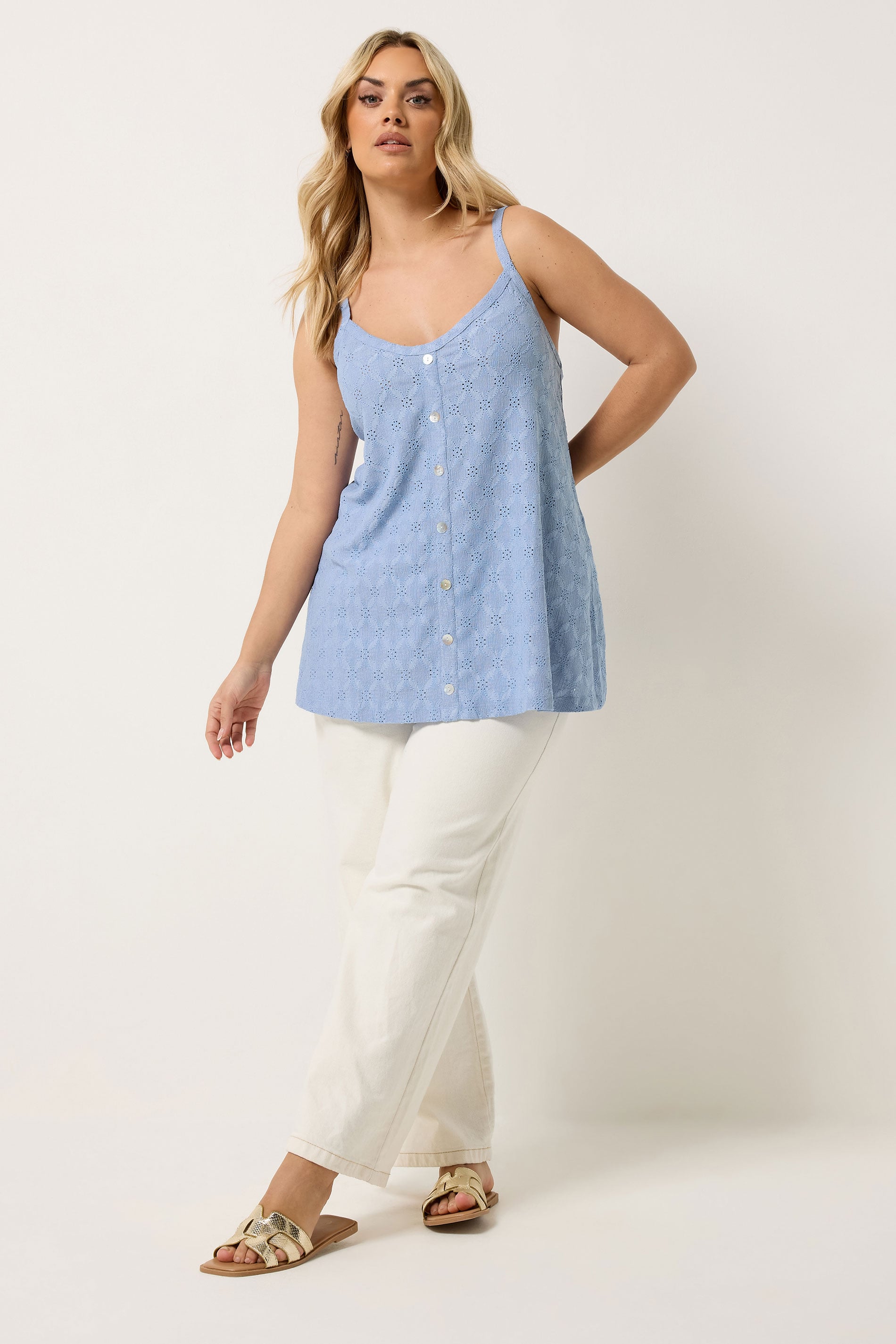 YOURS Plus Size Blue Broderie Anglaise Vest Top | Yours Clothing 1