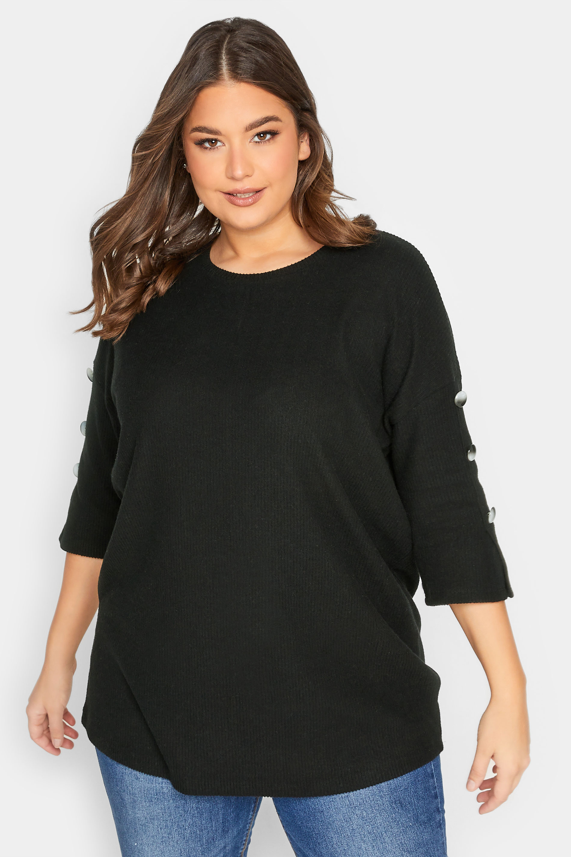 YOURS Plus Size Black Soft Touch Button Detail Top | Yours Clothing 2