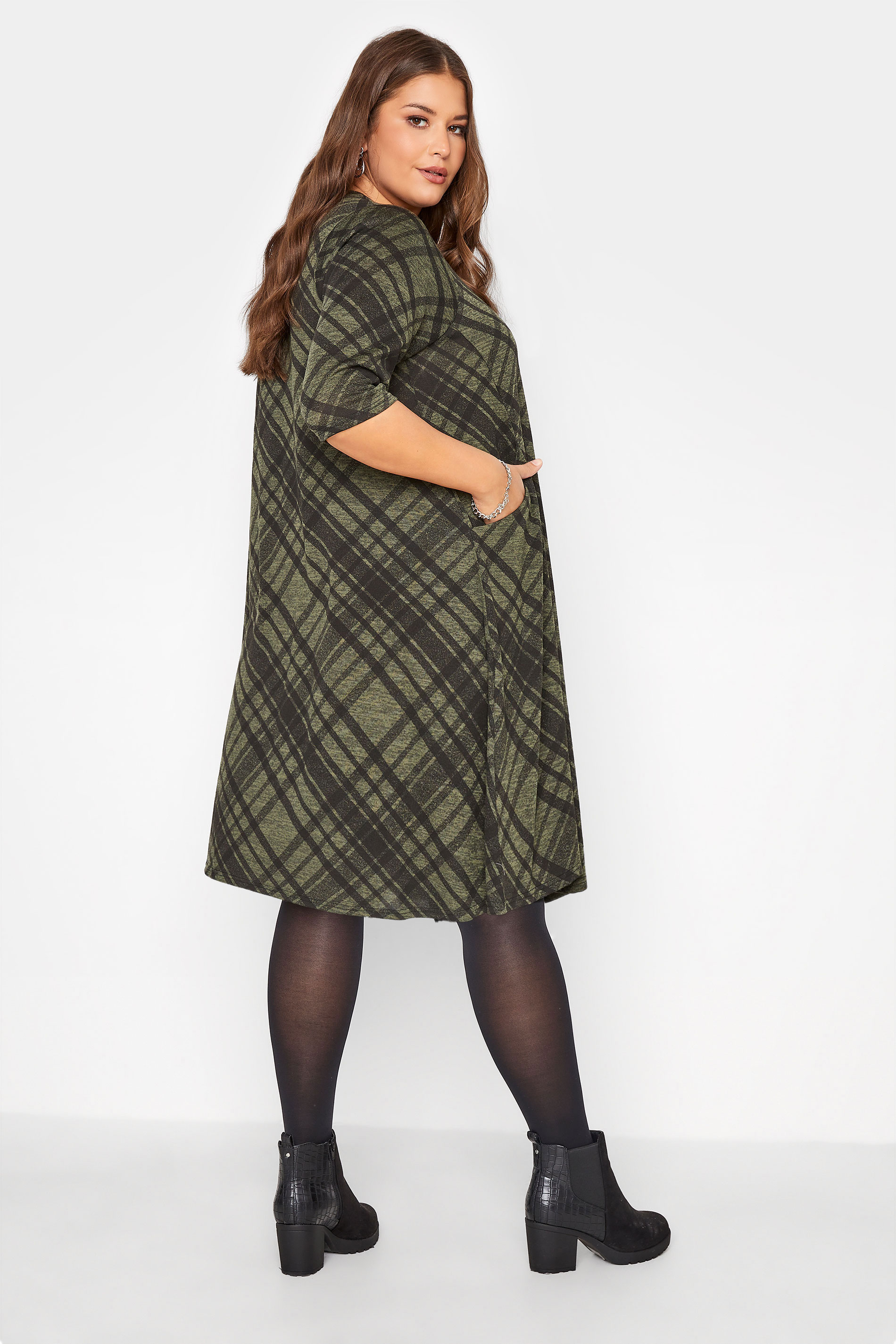 Plus Size Khaki Green Check Print Pocket Midi Dress | Yours Clothing 3